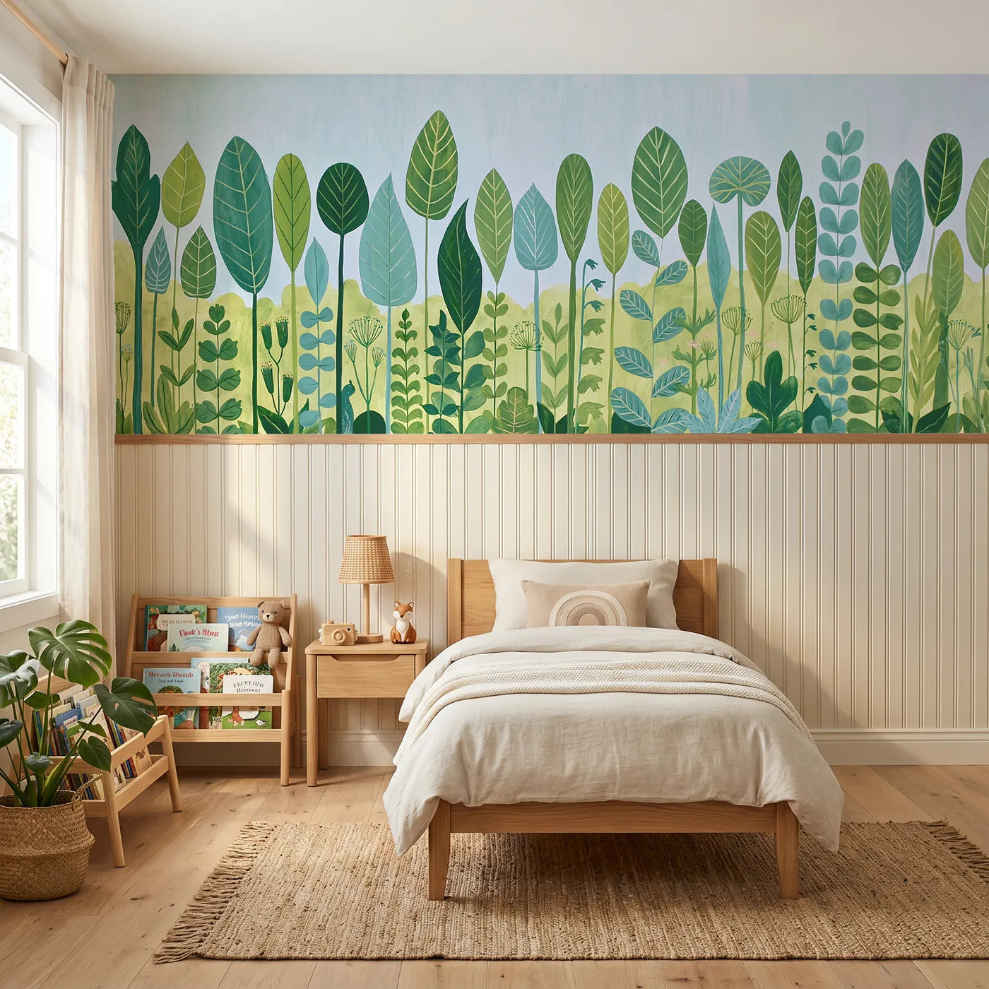 Modern illustration wainscoting wallpaper of folk leaves rising by Whimsy Tots