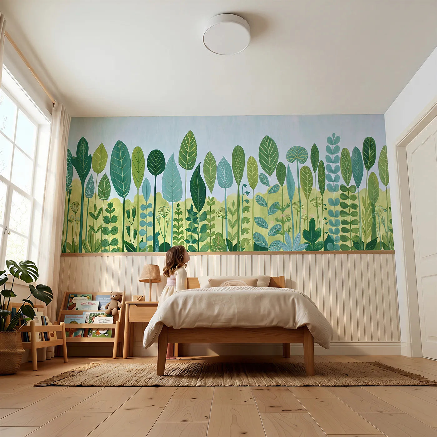 Child reading near Folk Leaves Rising Wainscoting Wallpaper by Whimsy Tots