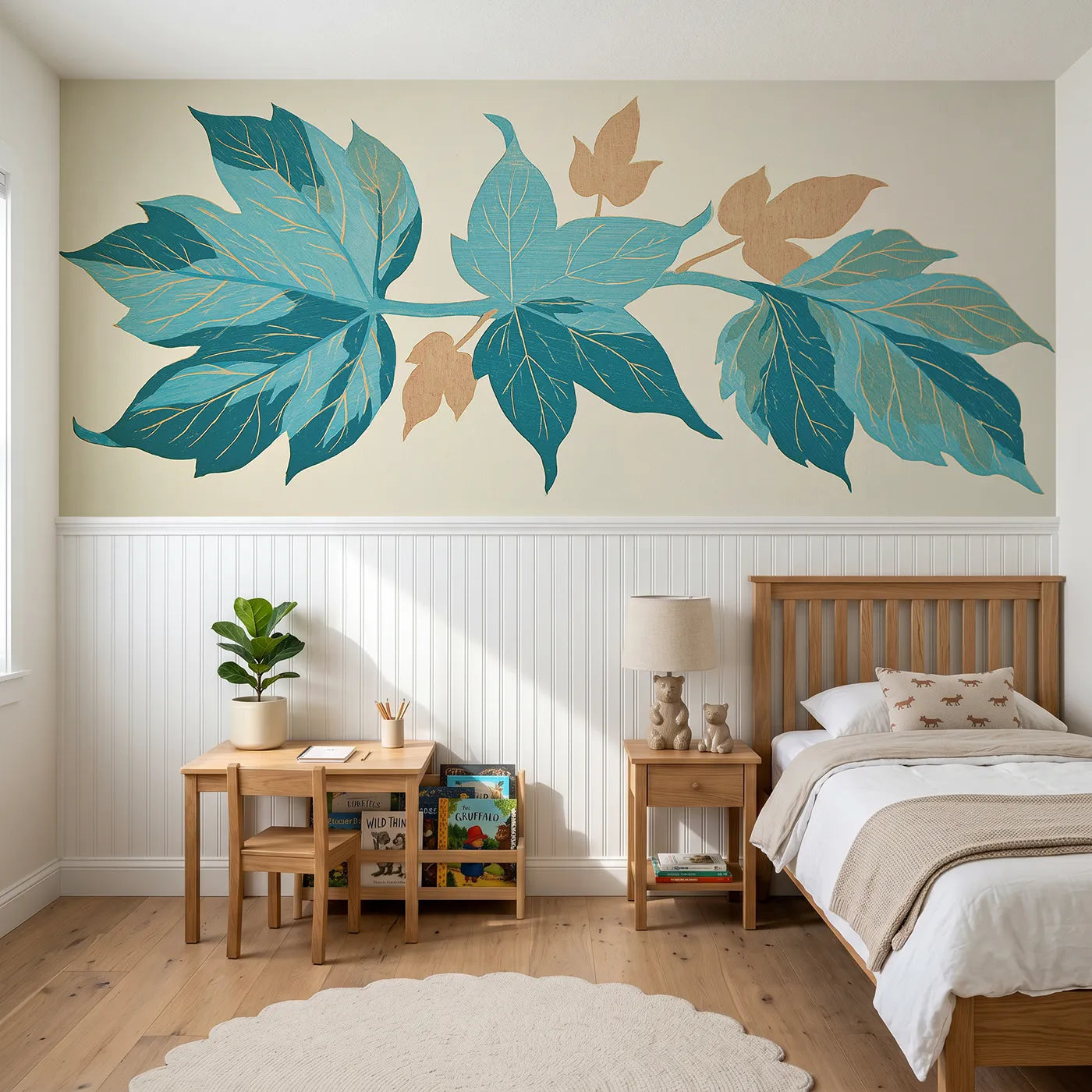 Block print wainscoting wallpaper of the carved sycamore hand by Whimsy Tots