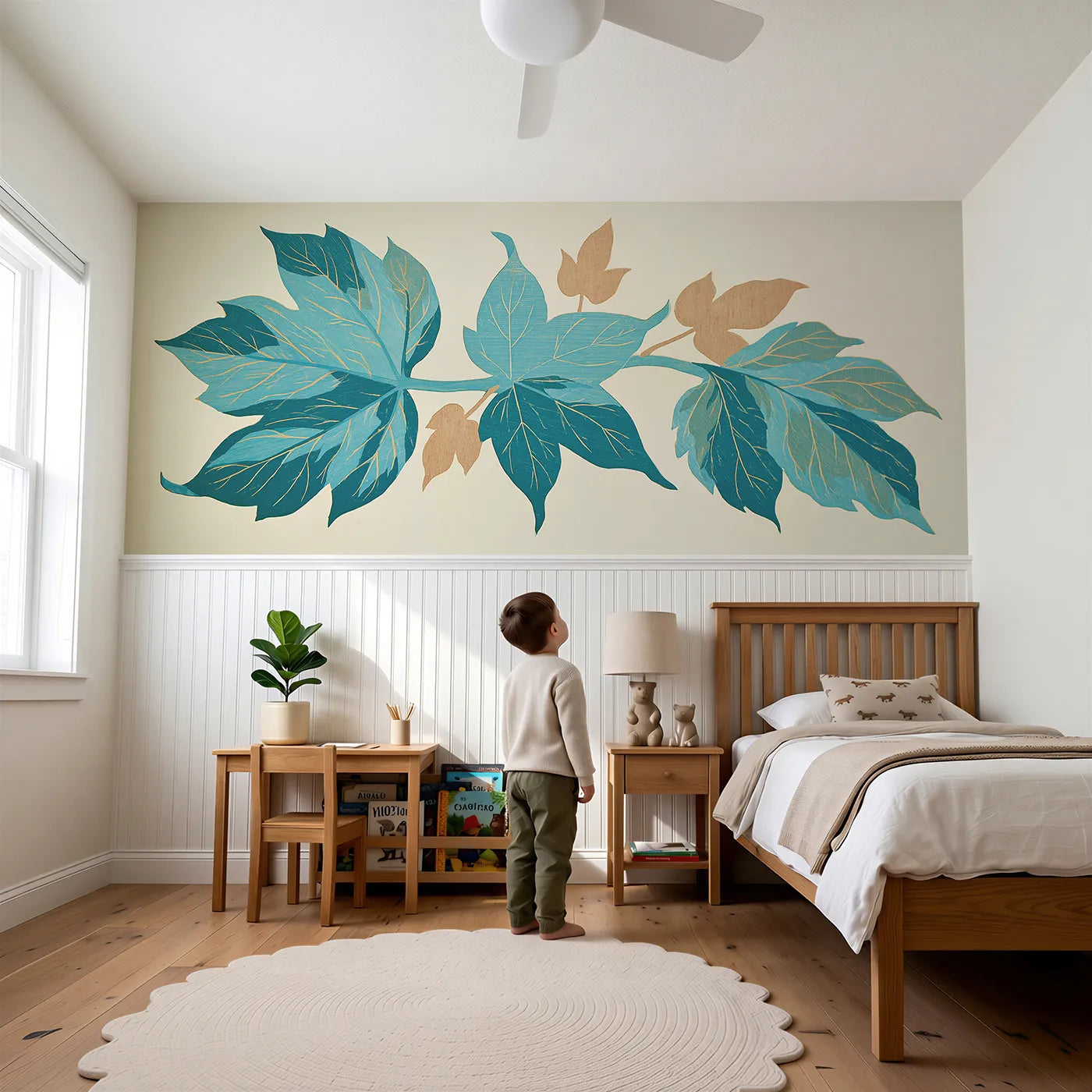 Child reading near The Carved Sycamore Hand Wainscoting Wallpaper by Whimsy Tots