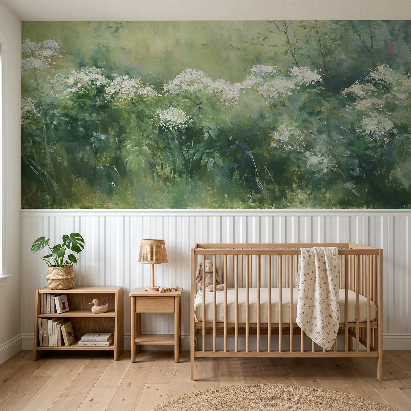 Watercolor wainscoting wallpaper of plates held to the sky by Whimsy Tots