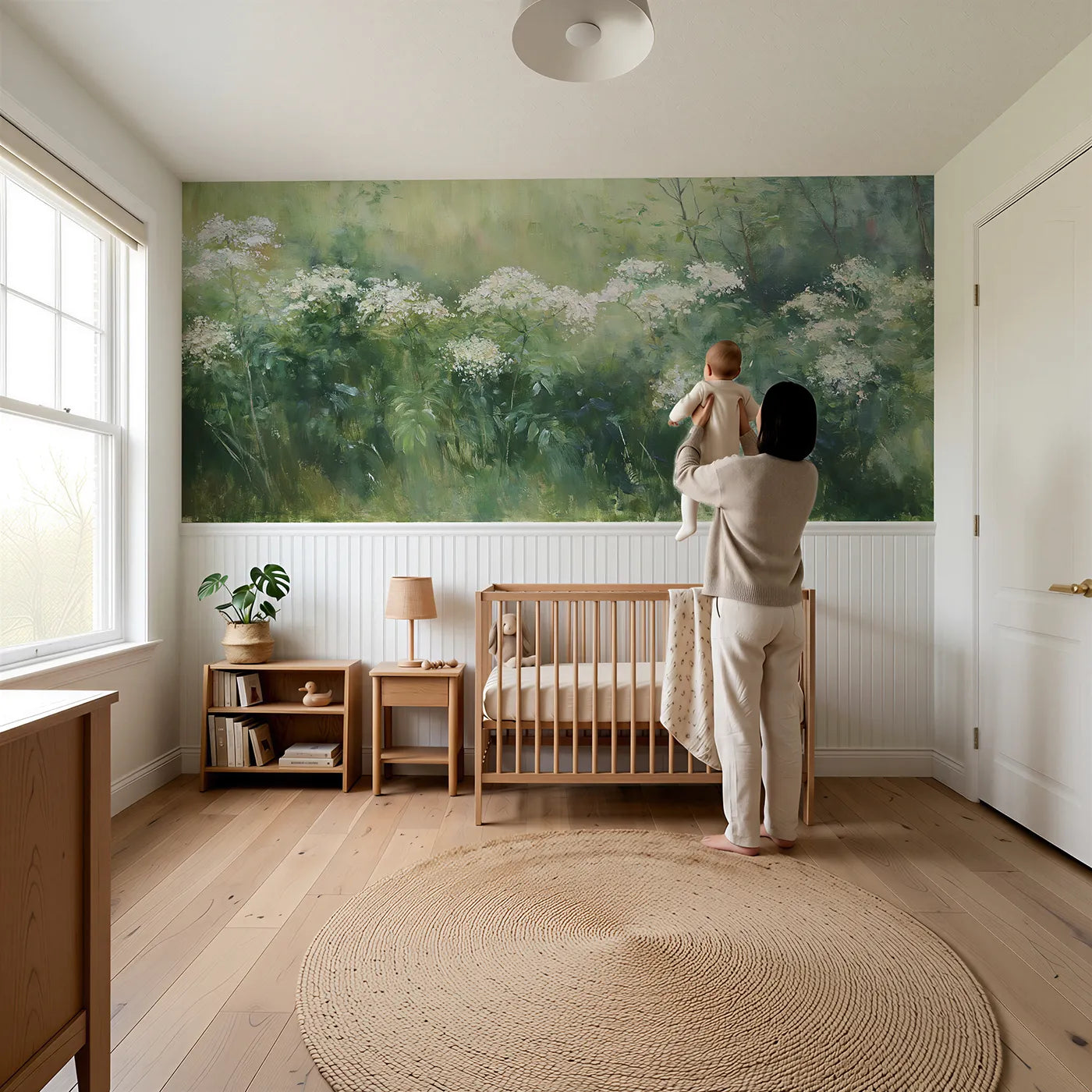 Child reading near Plates Held To The Sky Wainscoting Wallpaper by Whimsy Tots