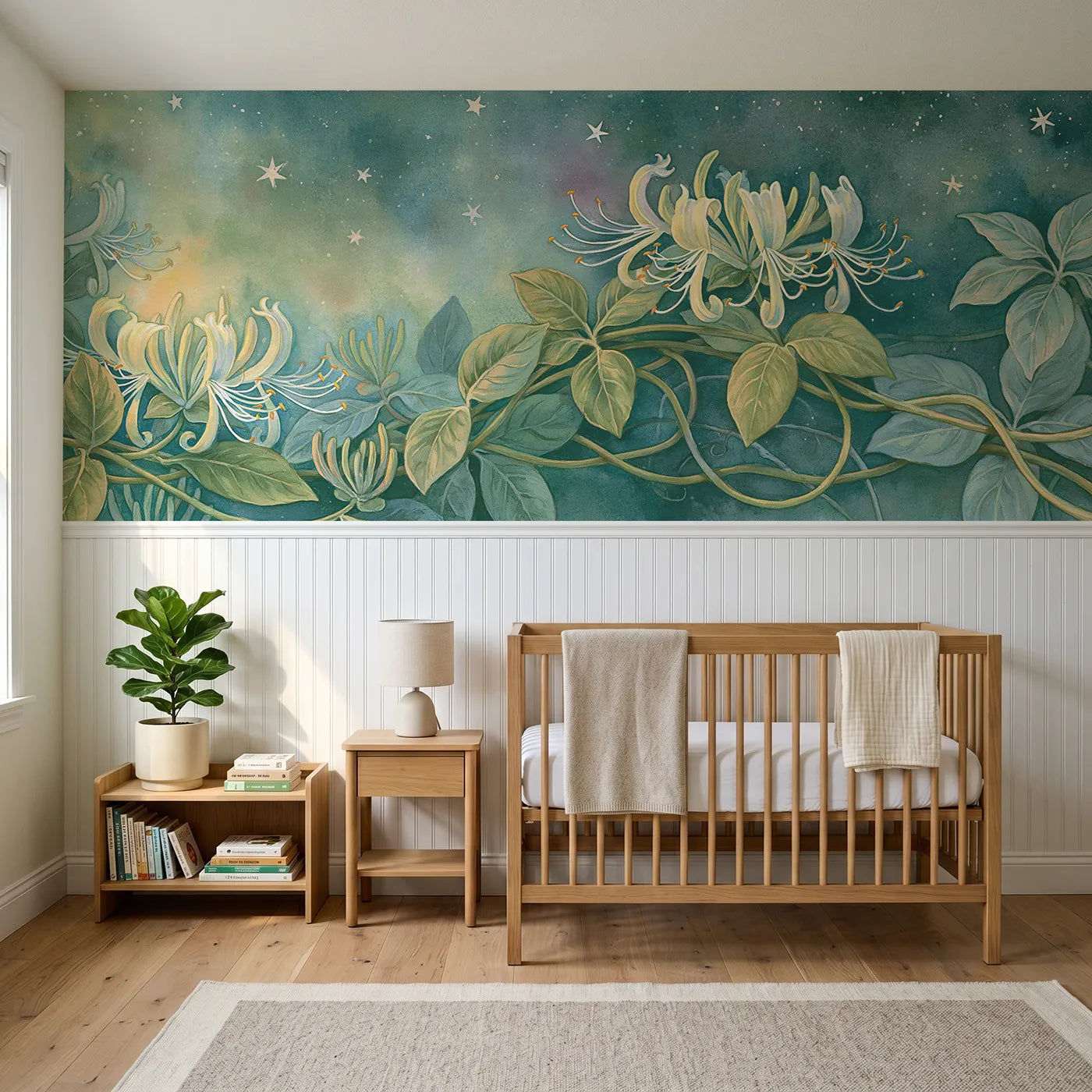 Storybook wainscoting wallpaper of horns open to the stars by Whimsy Tots