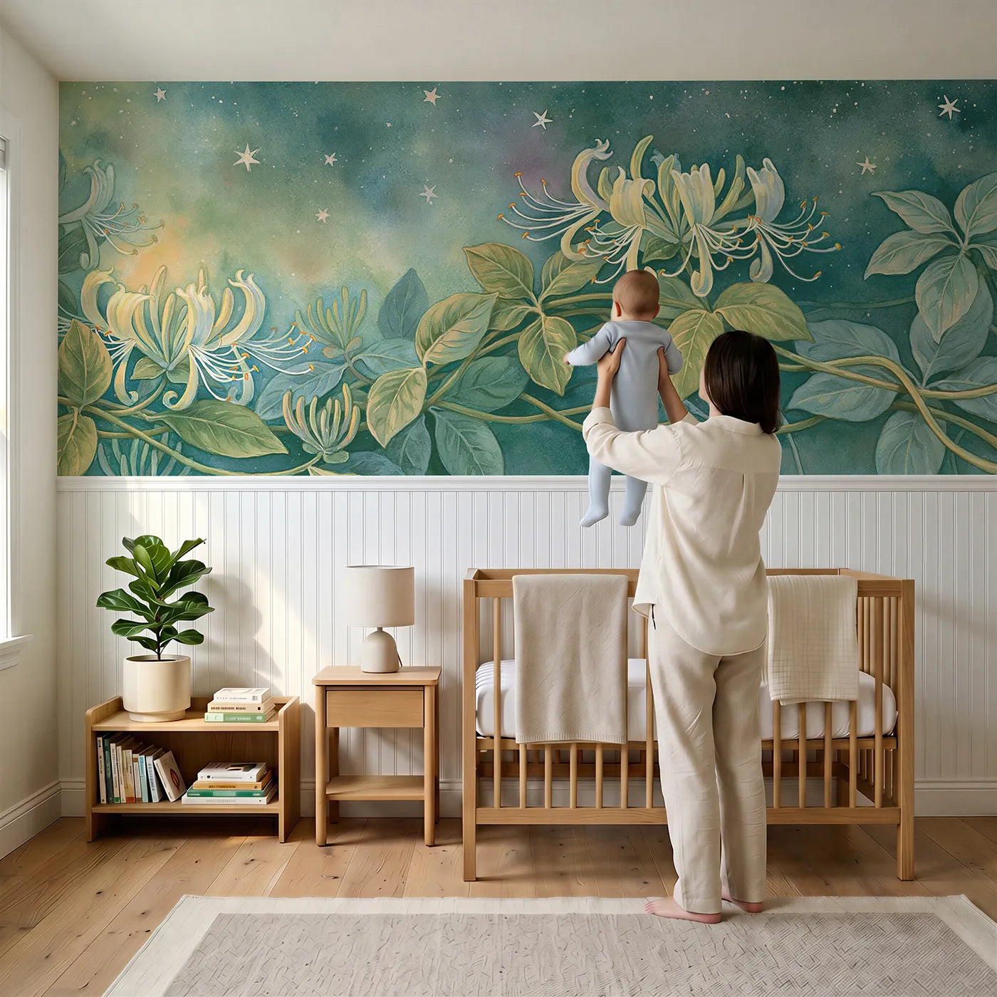 Child reading near Horns Open To The Stars Wainscoting Wallpaper by Whimsy Tots