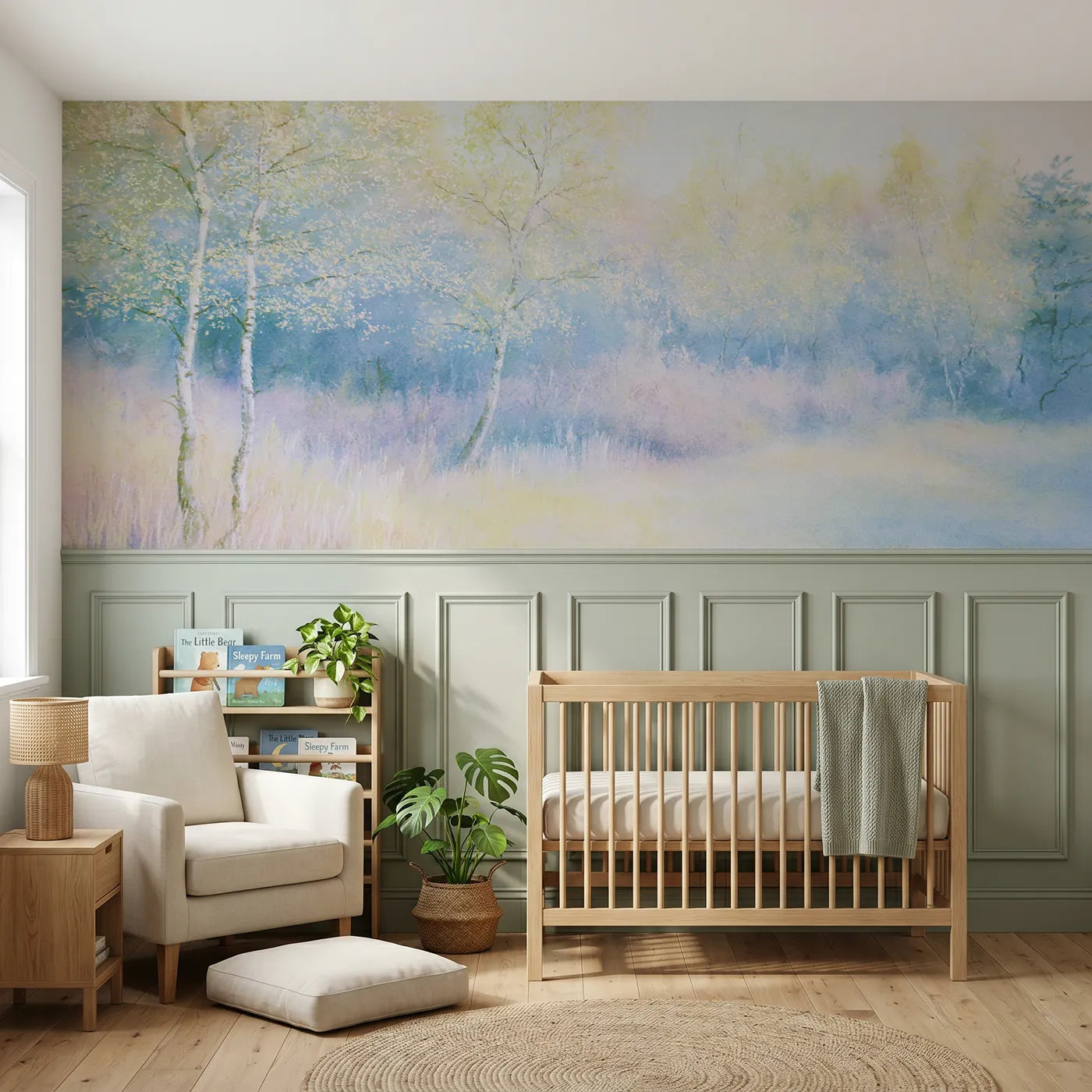 Soft pastel wainscoting wallpaper of a thousand small leaves by Whimsy Tots