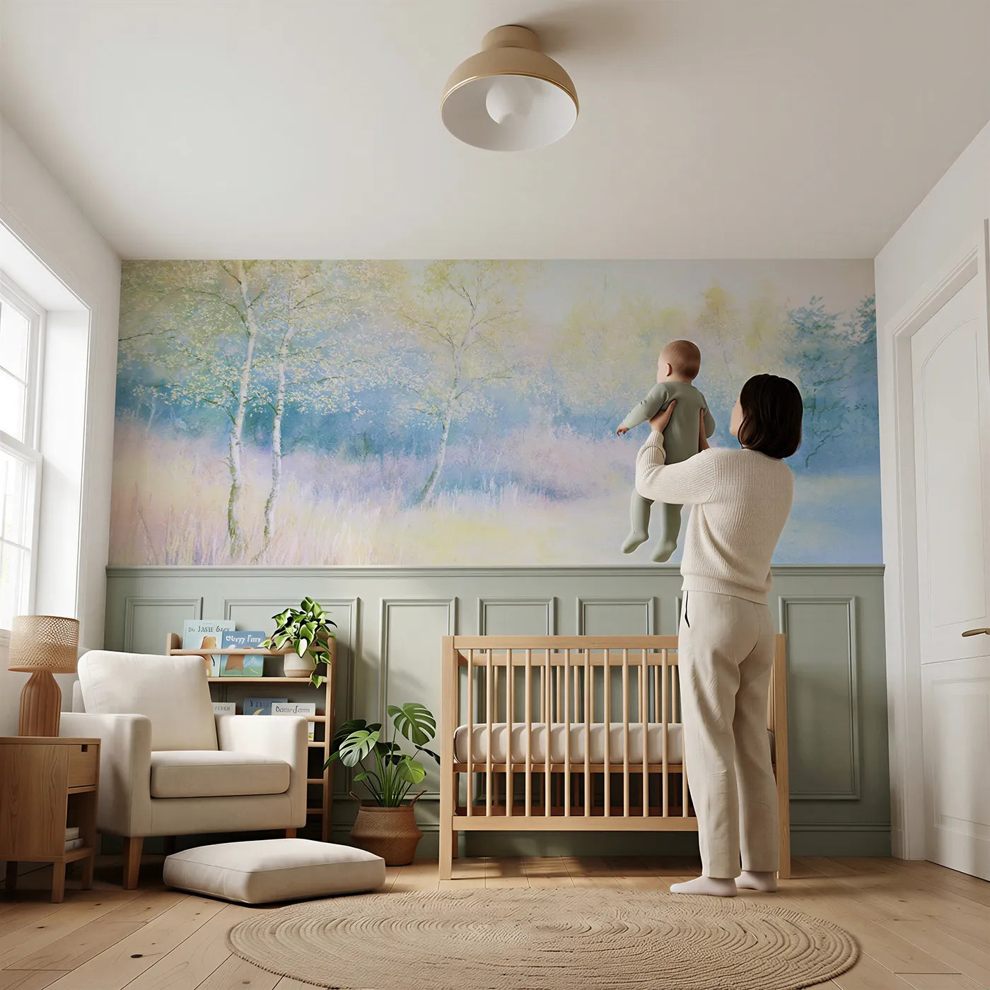 Child reading near A Thousand Small Leaves Wainscoting Wallpaper by Whimsy Tots