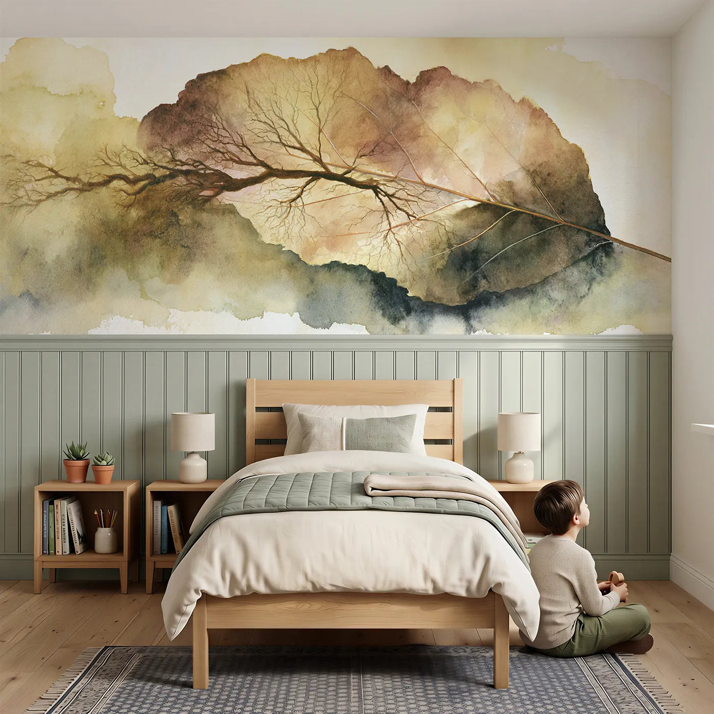 Child reading near The Vein Rivers Wainscoting Wallpaper by Whimsy Tots