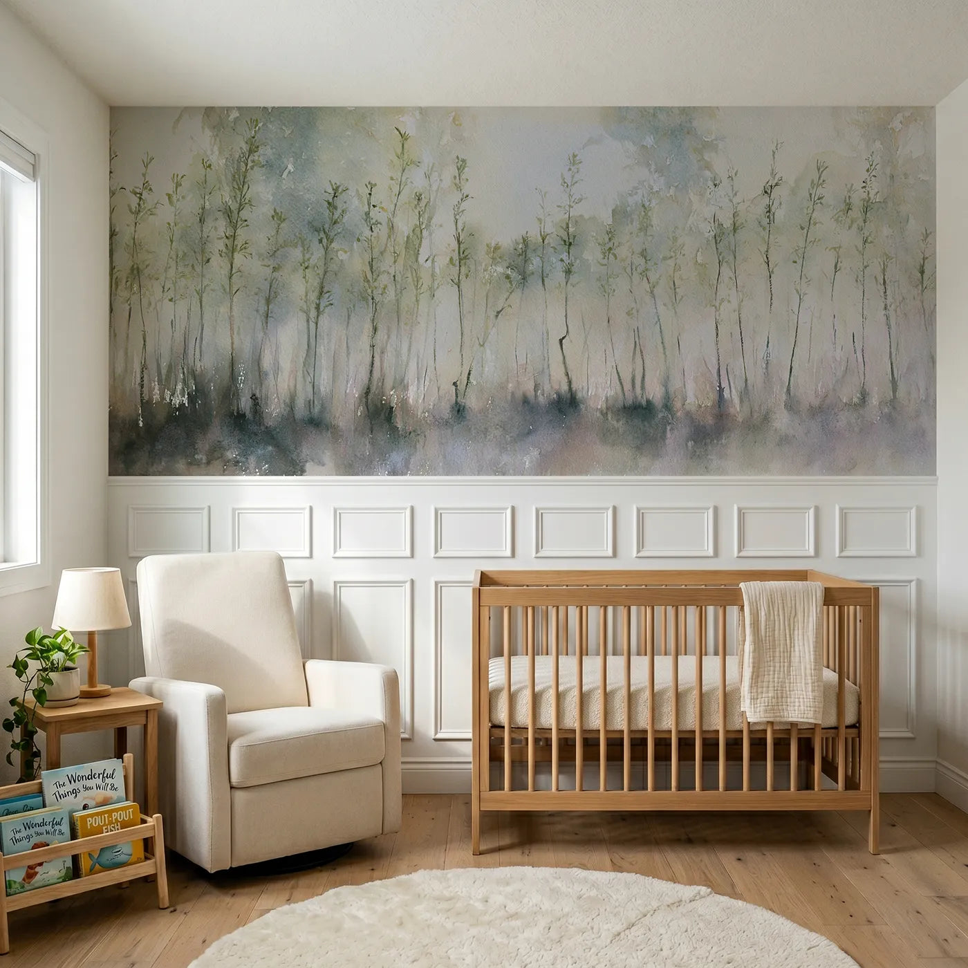 Watercolor wainscoting wallpaper of mist in the young coppice by Whimsy Tots