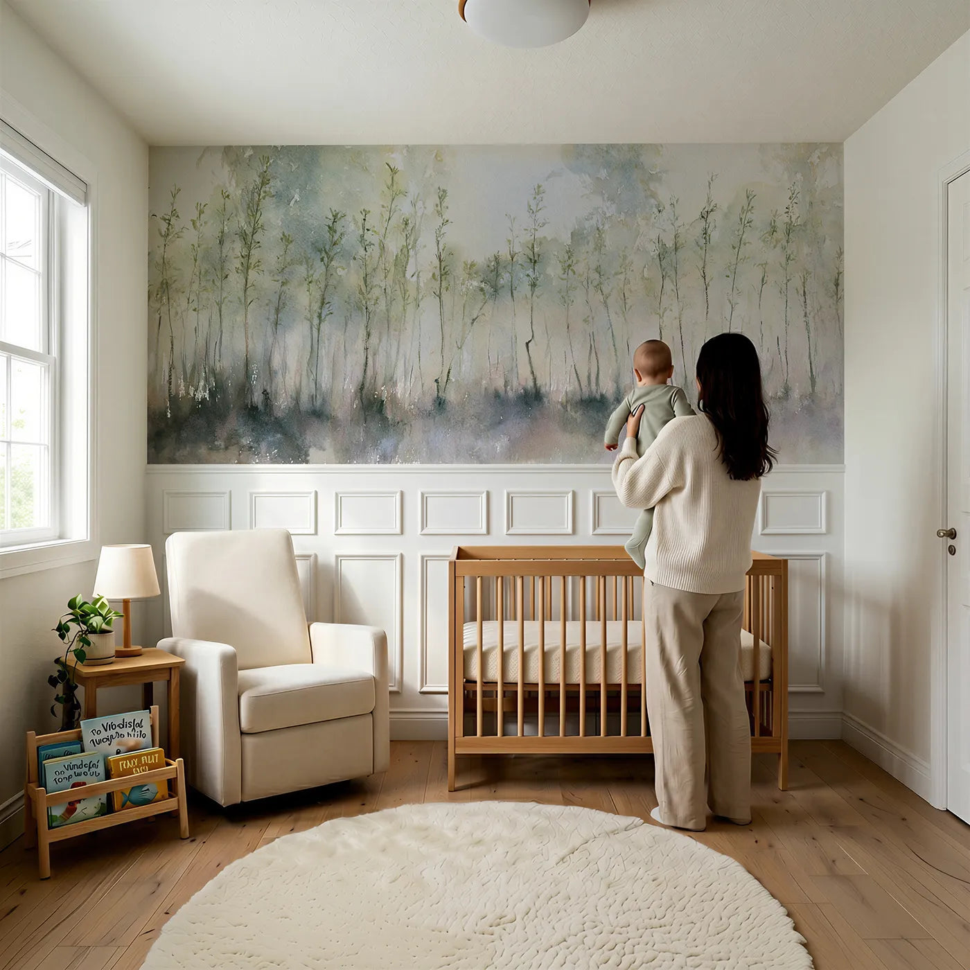 Child reading near Mist In The Young Coppice Wainscoting Wallpaper by Whimsy Tots
