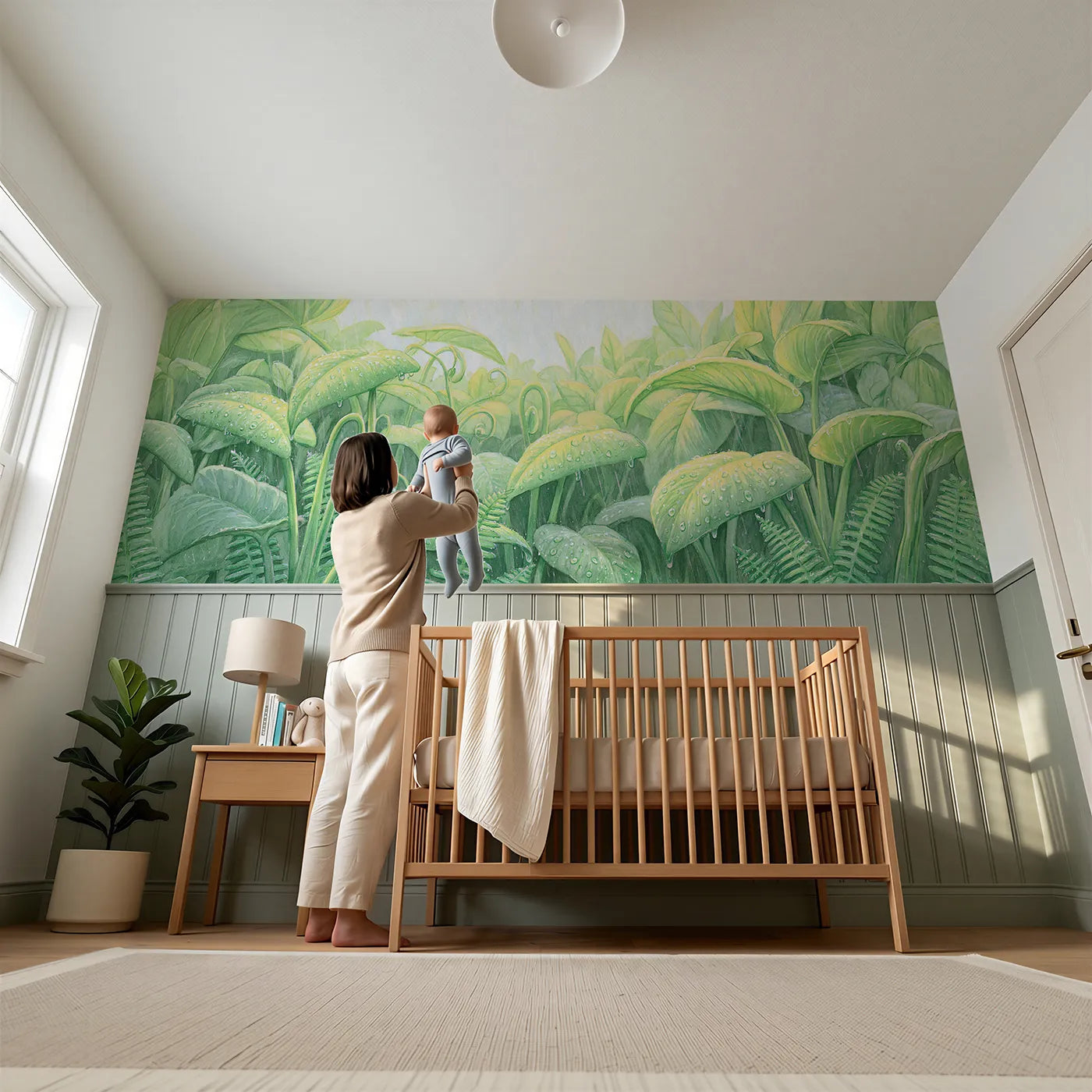 Child reading near The Rain-Washed Canopy Wainscoting Wallpaper by Whimsy Tots