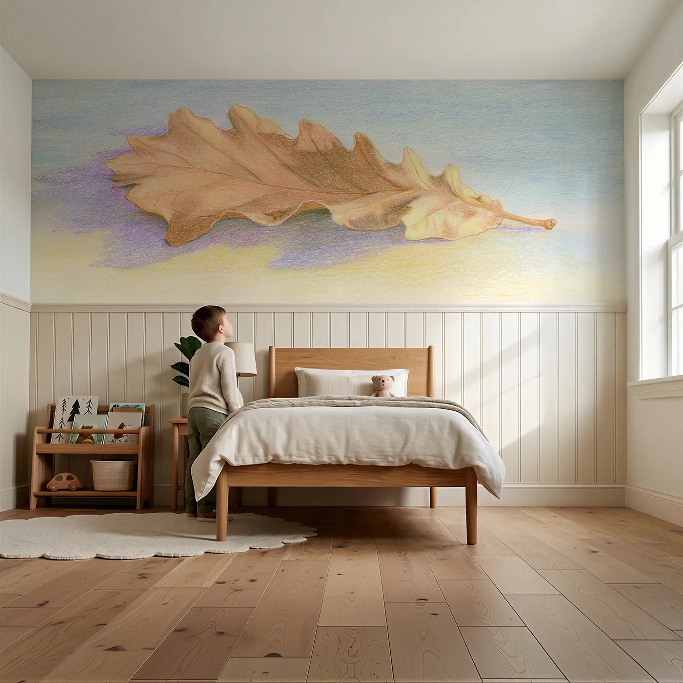 Child reading near The Wavy Edge At Dusk Wainscoting Wallpaper by Whimsy Tots