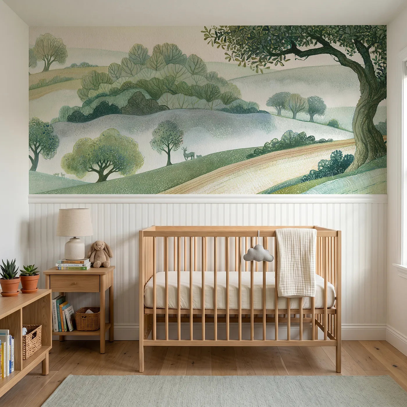 Colored pencil wainscoting wallpaper of layered green depths by Whimsy Tots