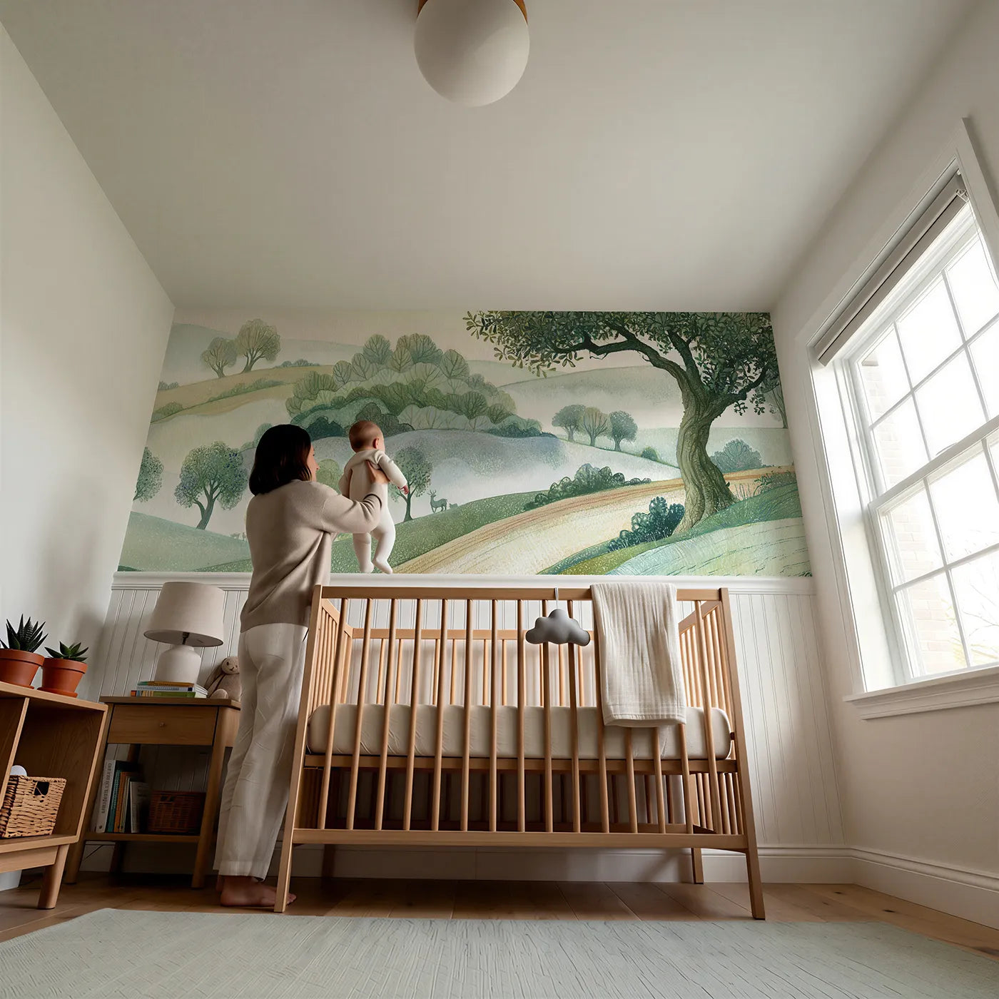 Child reading near Green On Green Wainscoting Wallpaper by Whimsy Tots
