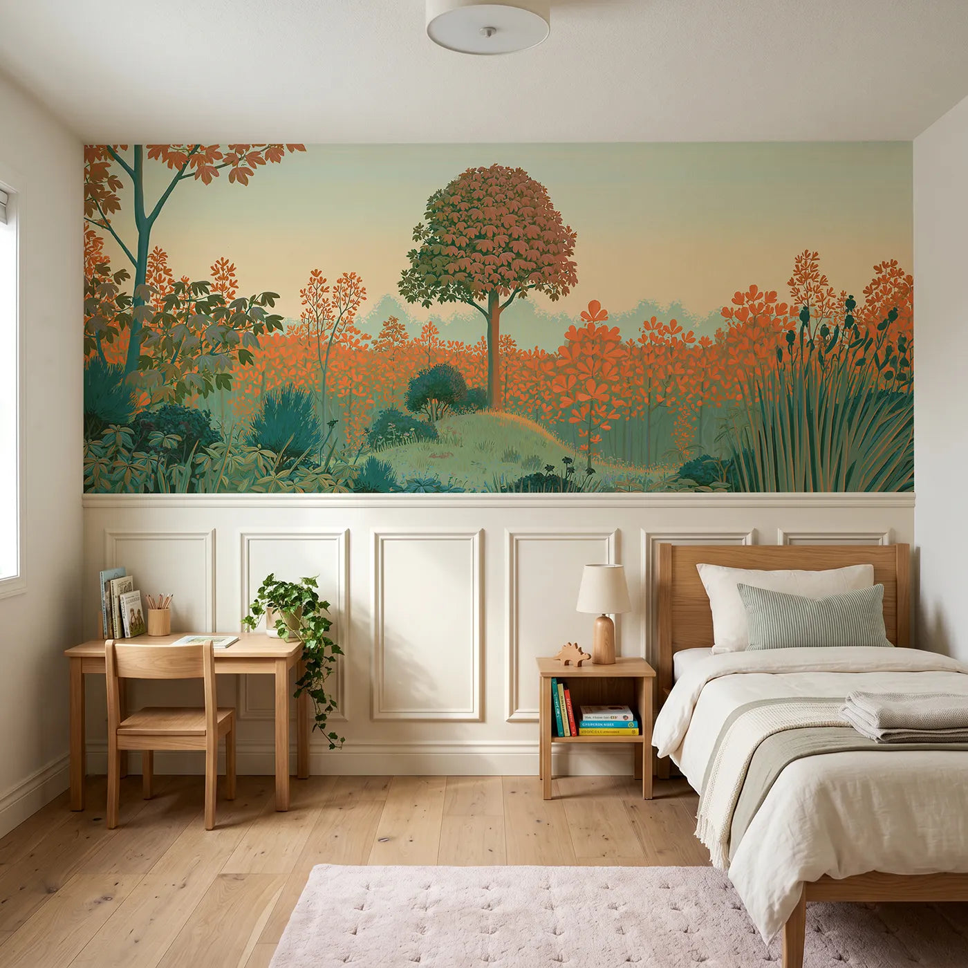 Modern illustration wainscoting wallpaper of the folk tree in leaf by Whimsy Tots