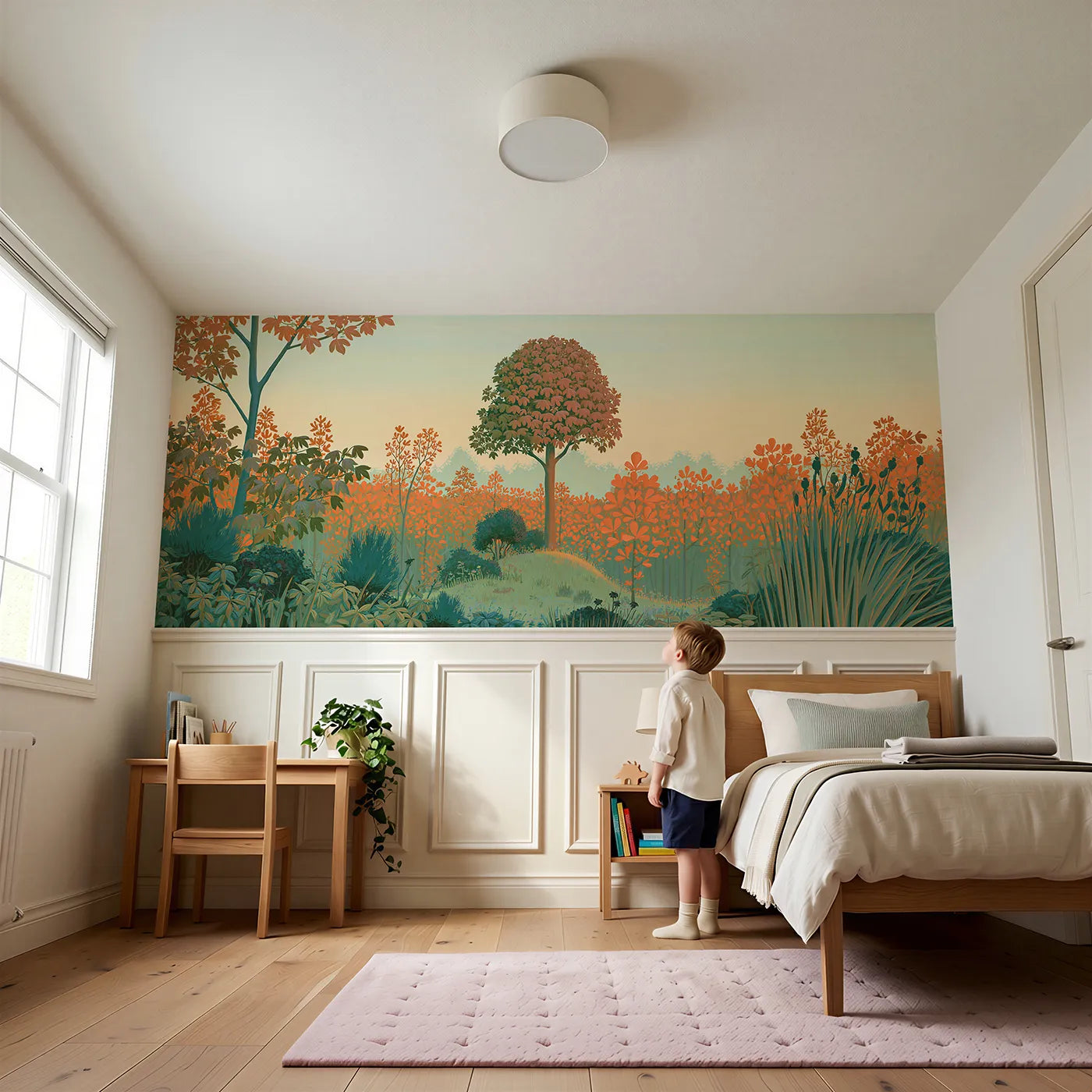 Child reading near The Folk Tree In Leaf Wainscoting Wallpaper by Whimsy Tots