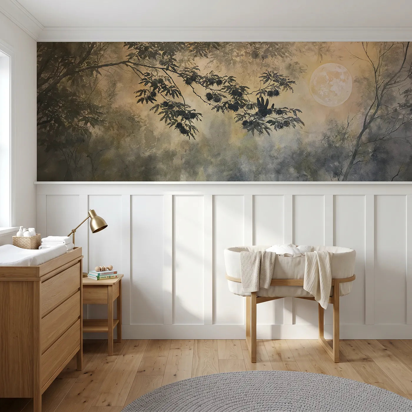 Watercolor wainscoting wallpaper of dark leaves on the rising moon by Whimsy Tots