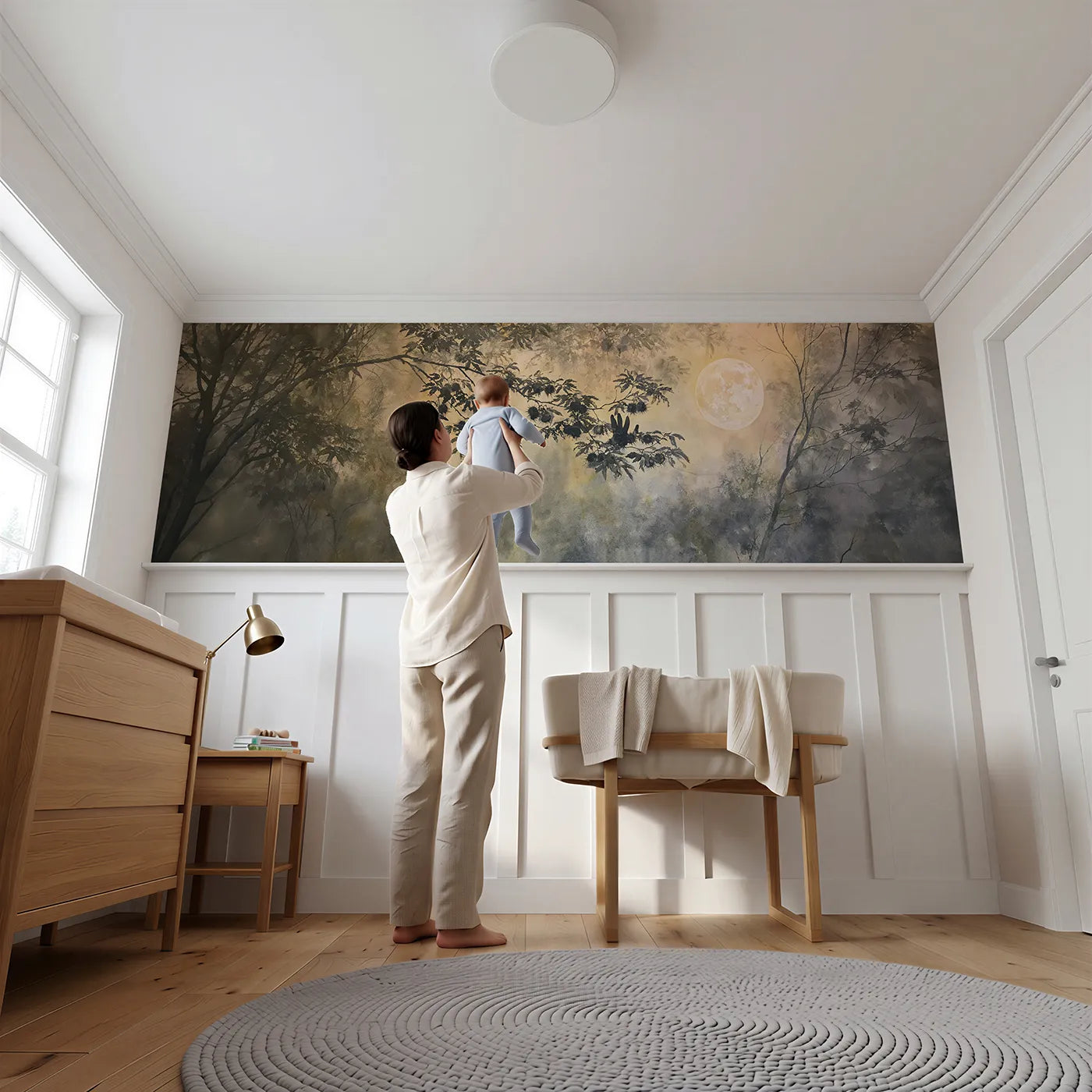 Child reading near Dark On The Rising Moon Wainscoting Wallpaper by Whimsy Tots