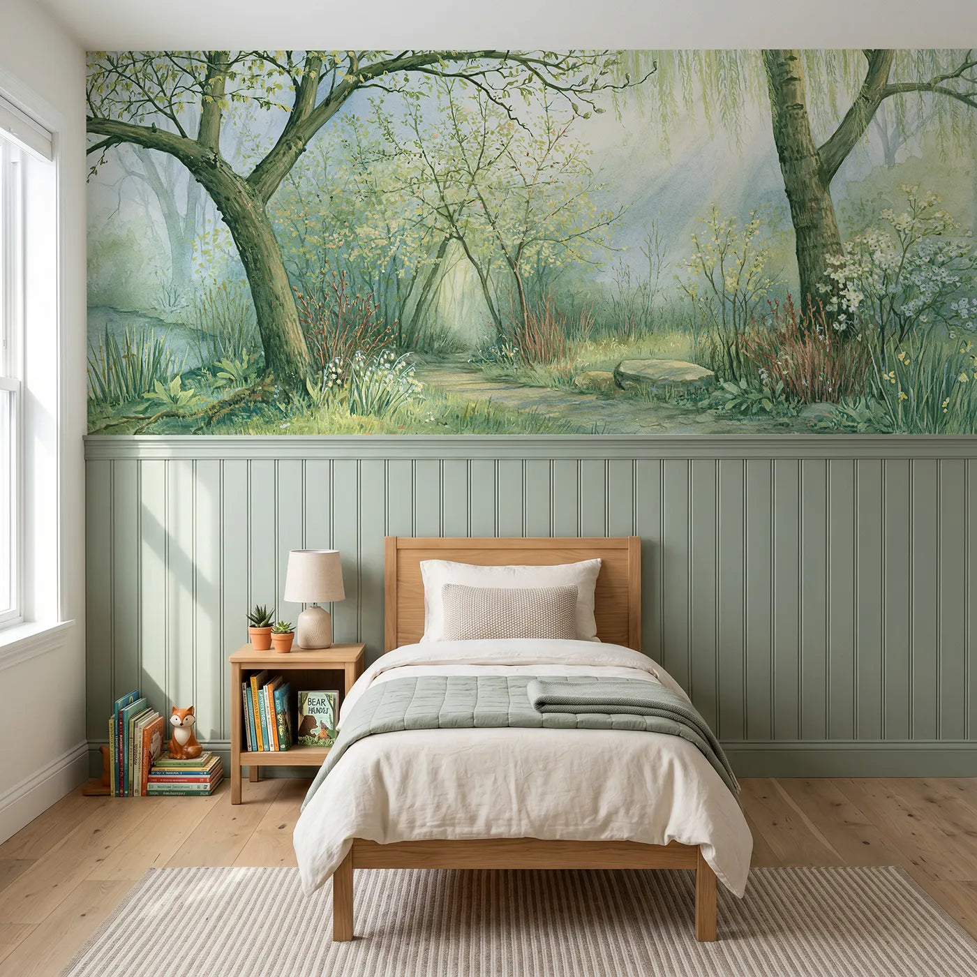 Storybook wainscoting wallpaper of the way through the thicket by Whimsy Tots