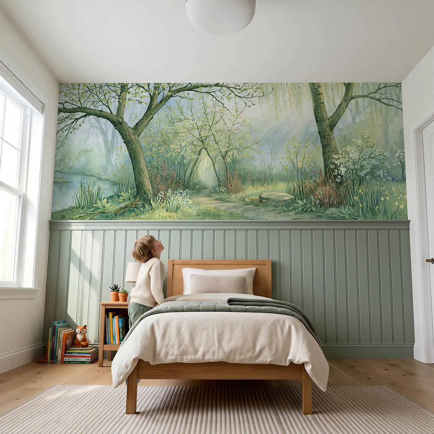 Child reading near The Way Through The Thicket Wainscoting Wallpaper by Whimsy Tots