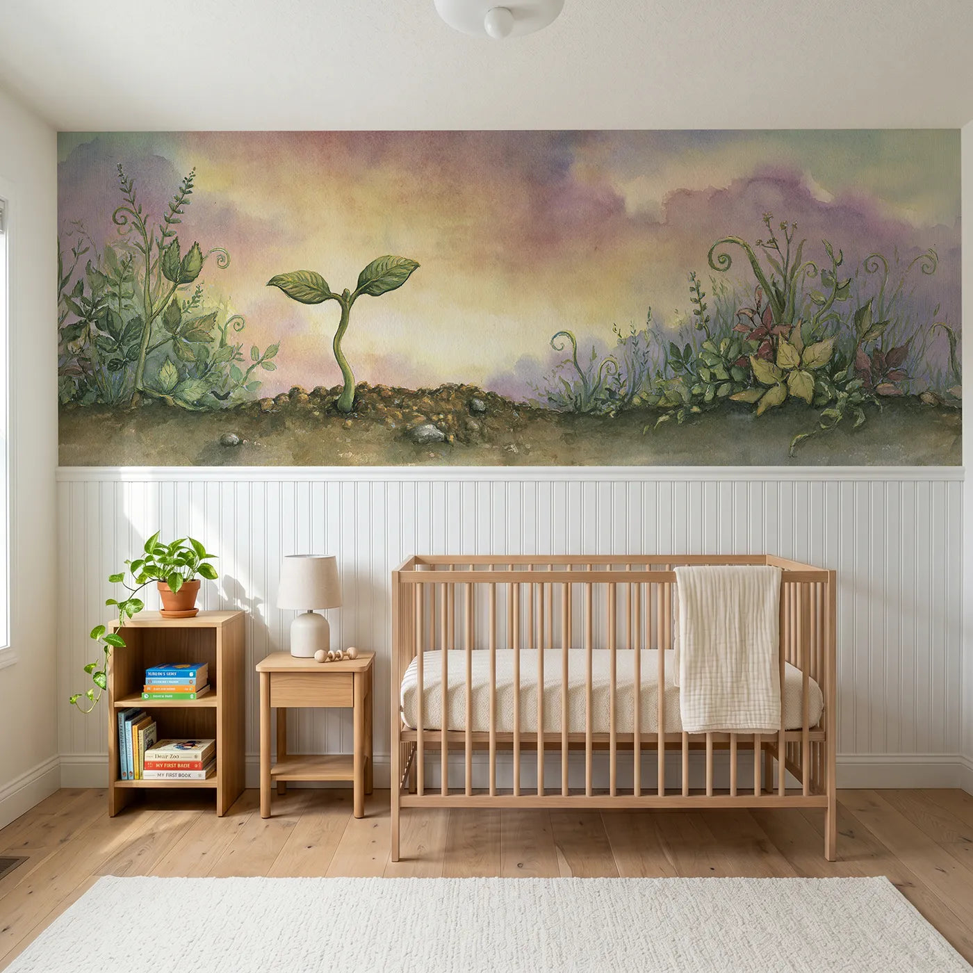 Storybook wainscoting wallpaper of the first two leaves by Whimsy Tots