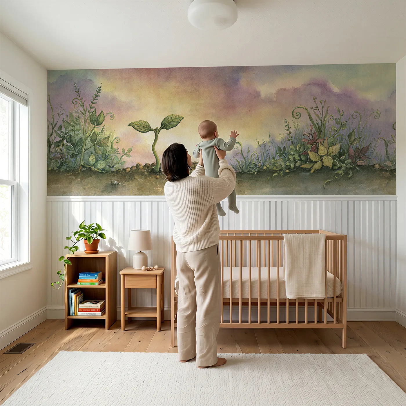 Child reading near The First Two Leaves Wainscoting Wallpaper by Whimsy Tots