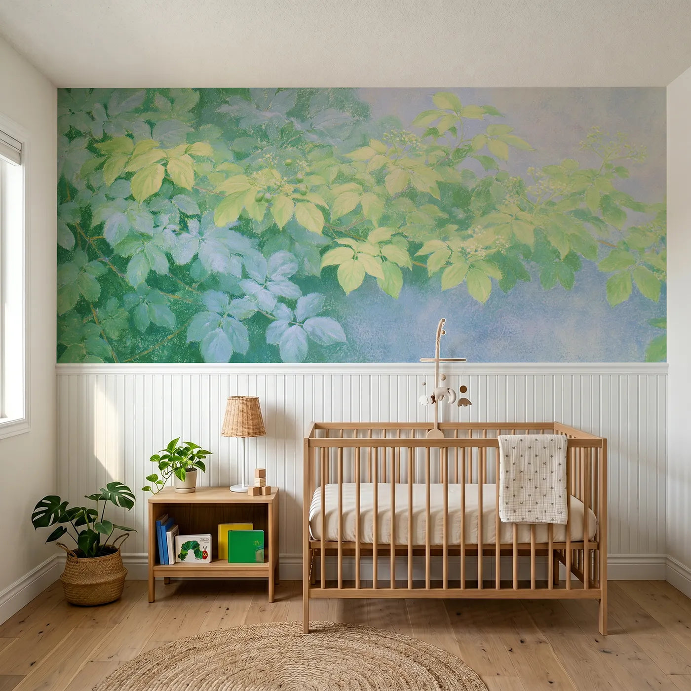 Soft pastel wainscoting wallpaper of all the greens together by Whimsy Tots