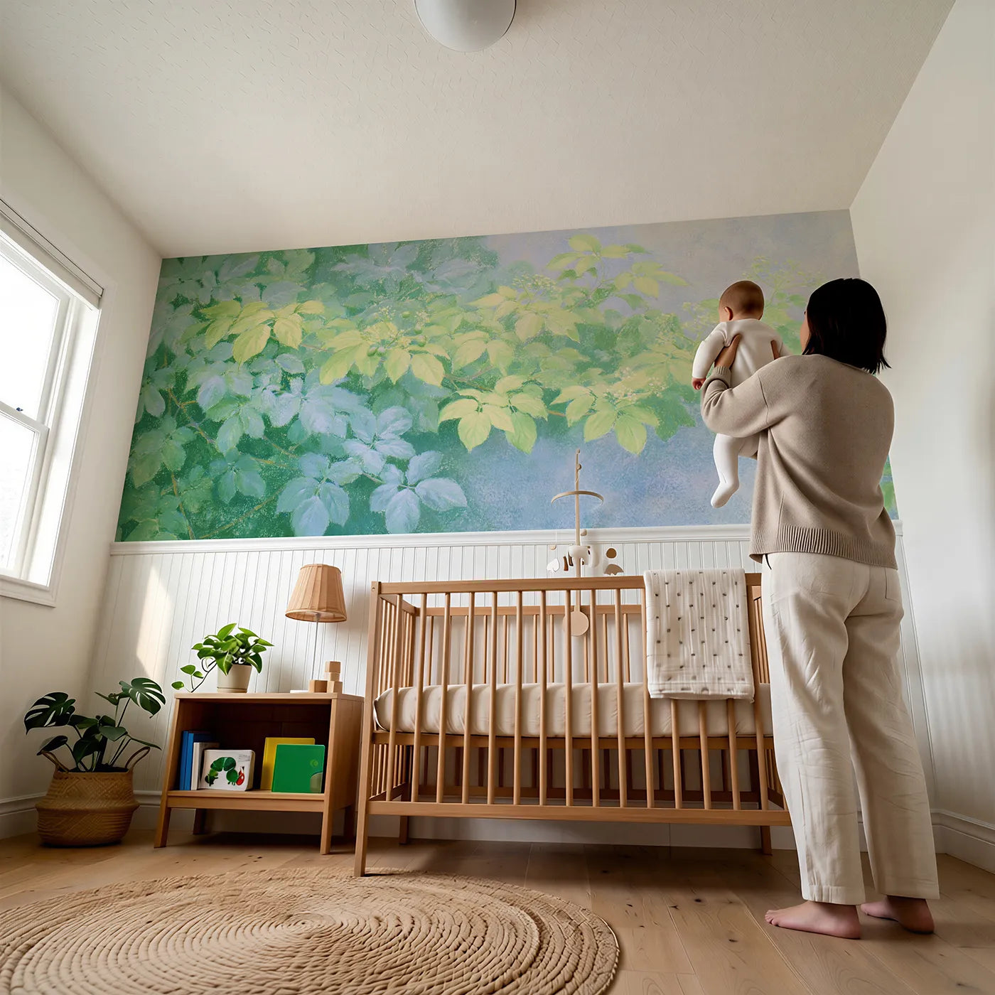 Child reading near All The Greens Together Wainscoting Wallpaper by Whimsy Tots