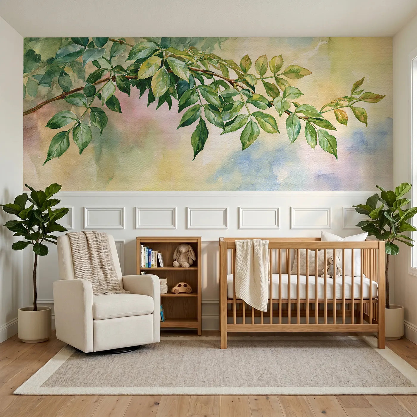 Watercolor wainscoting wallpaper of leaflets paired down the stem by Whimsy Tots