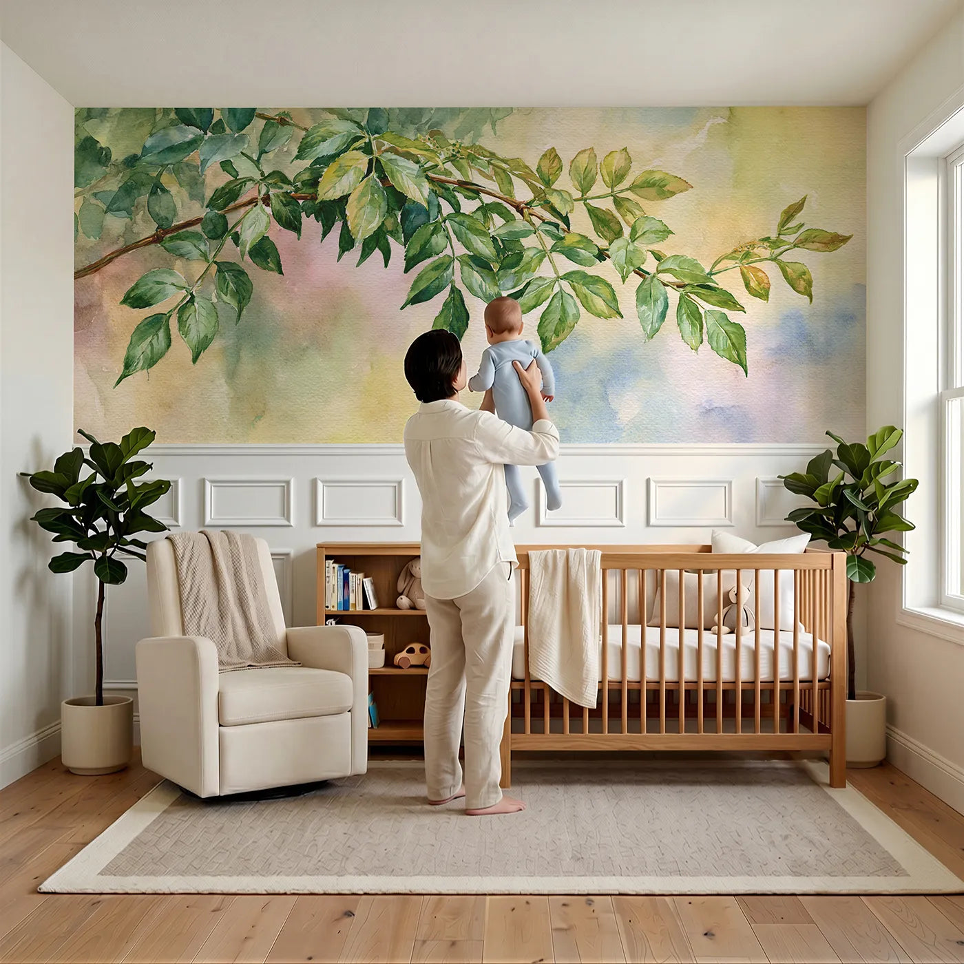 Child reading near Leaflets Paired Down The Stem Wainscoting Wallpaper by Whimsy Tots