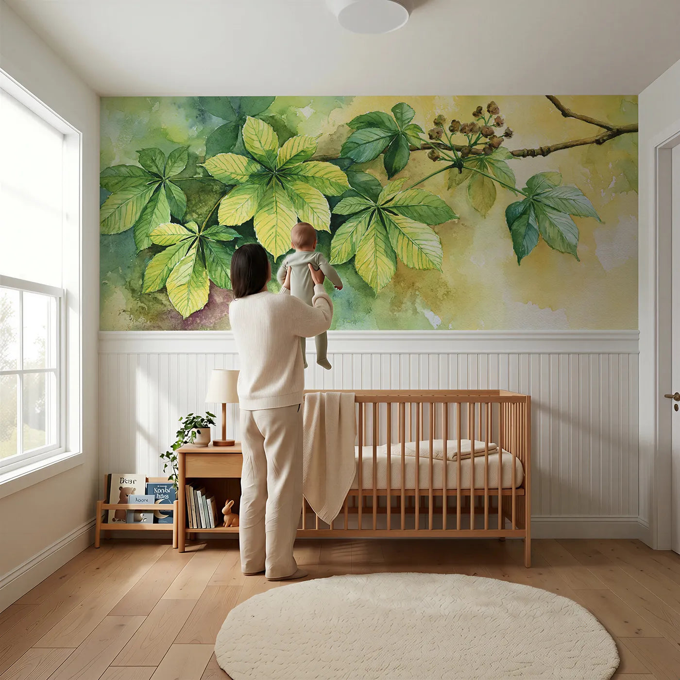 Child reading near The Hand Opening Wide Wainscoting Wallpaper by Whimsy Tots