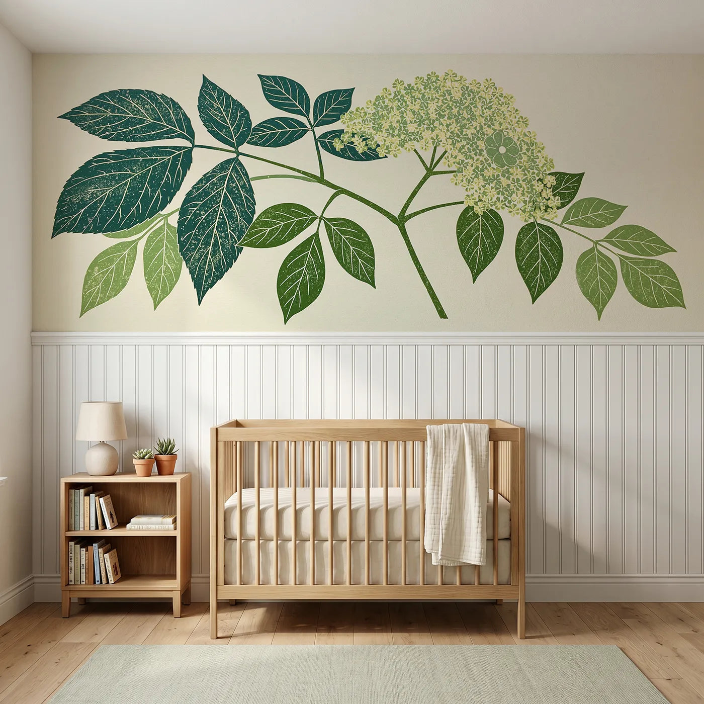 Block print wainscoting wallpaper of the carved elder spray by Whimsy Tots