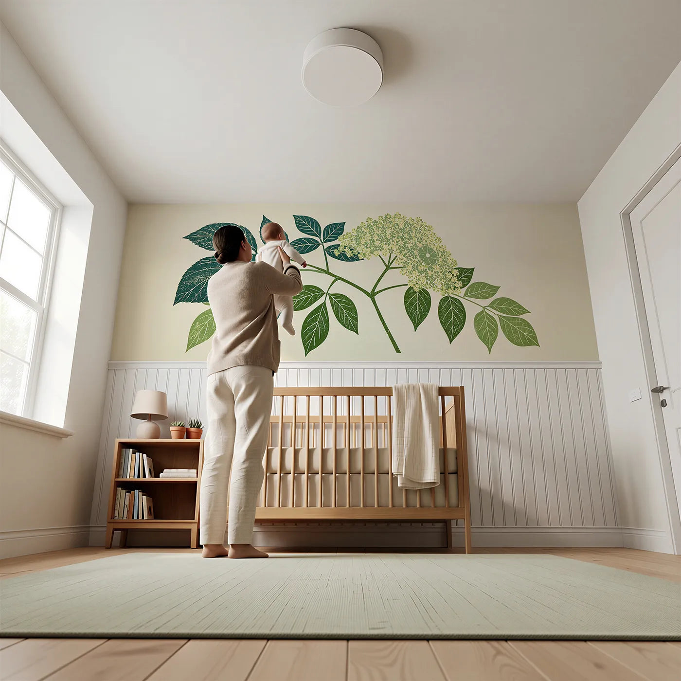 Child reading near The Carved Elder Spray Wainscoting Wallpaper by Whimsy Tots