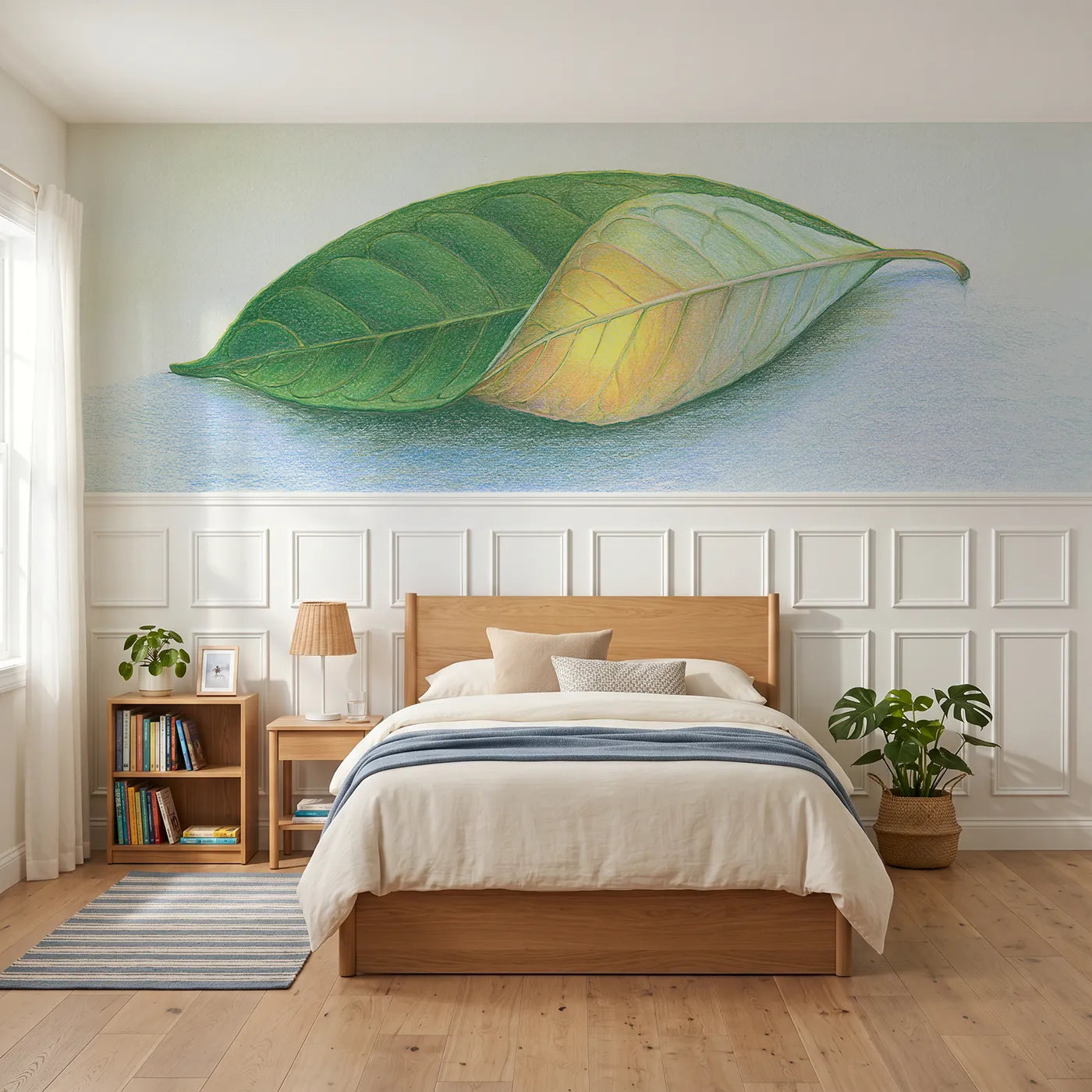 Colored pencil wainscoting wallpaper of a leaf turned half over by Whimsy Tots