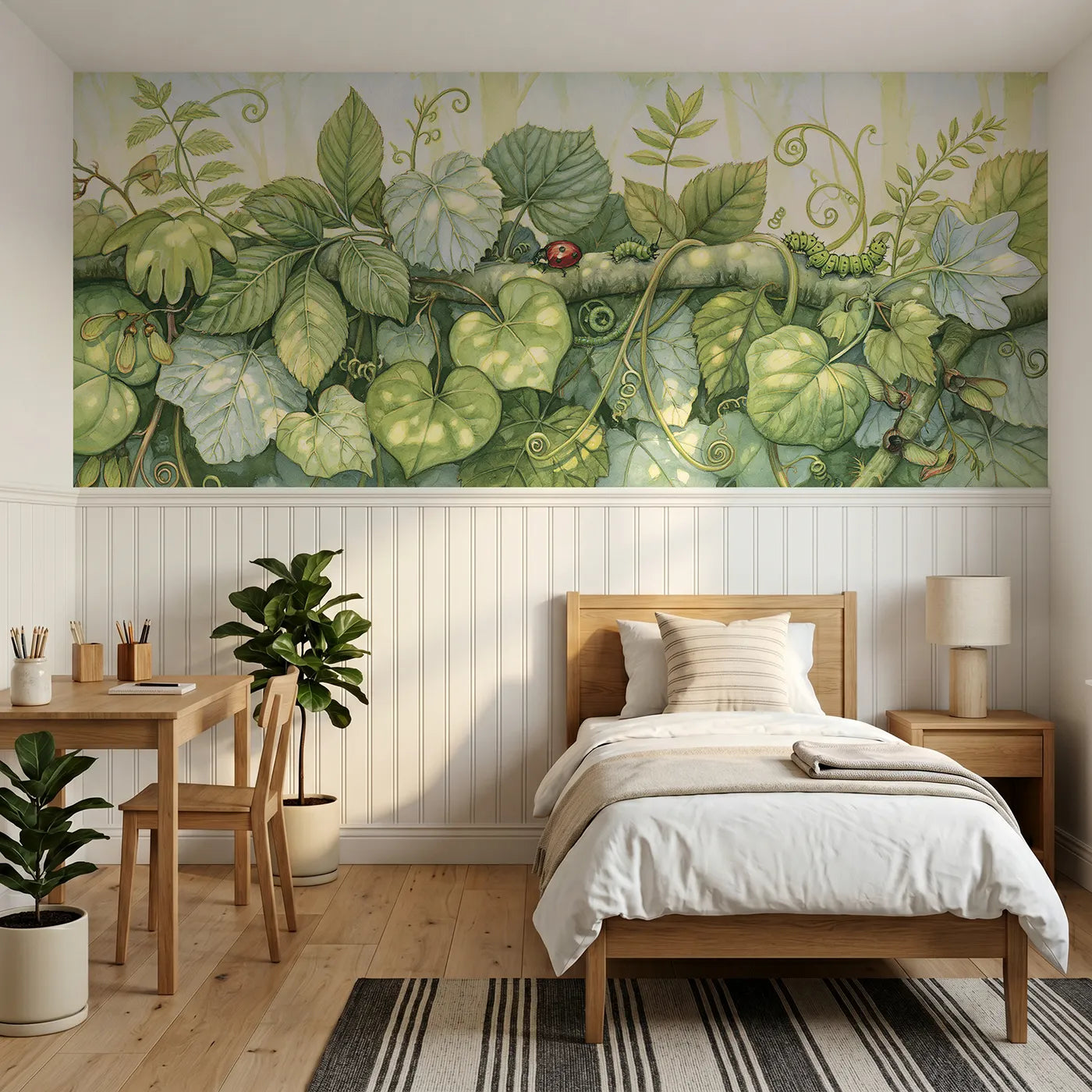Storybook wainscoting wallpaper of a tangle of leaves by Whimsy Tots