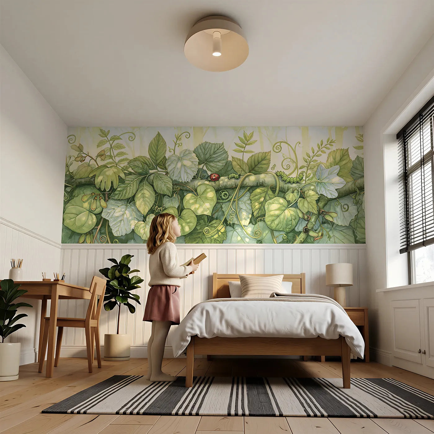 Child reading near A Tangle Of Leaves Wainscoting Wallpaper by Whimsy Tots