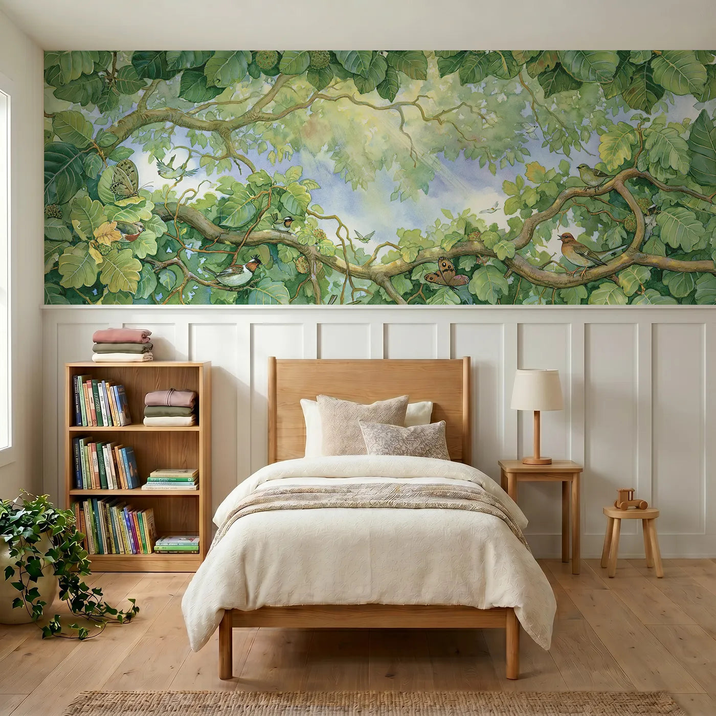 Storybook wainscoting wallpaper of up through the leaves by Whimsy Tots