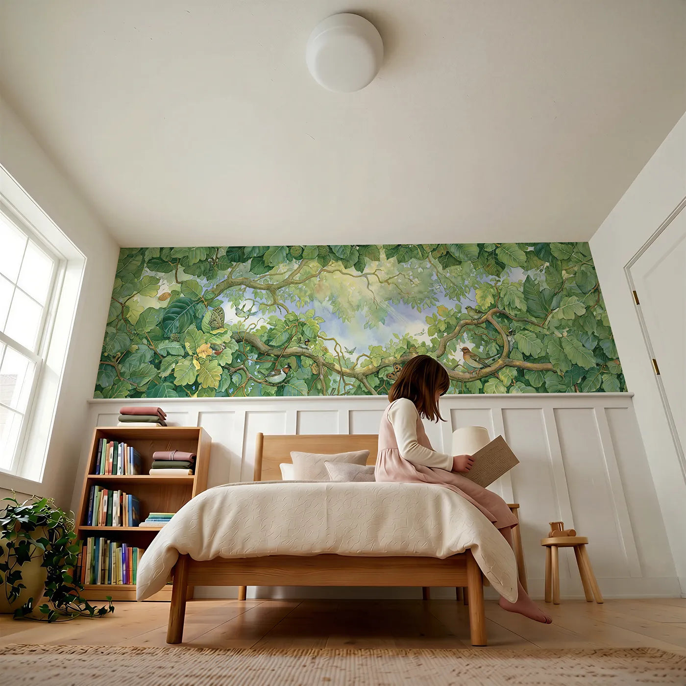 Child reading near Up Through The Leaves Wainscoting Wallpaper by Whimsy Tots