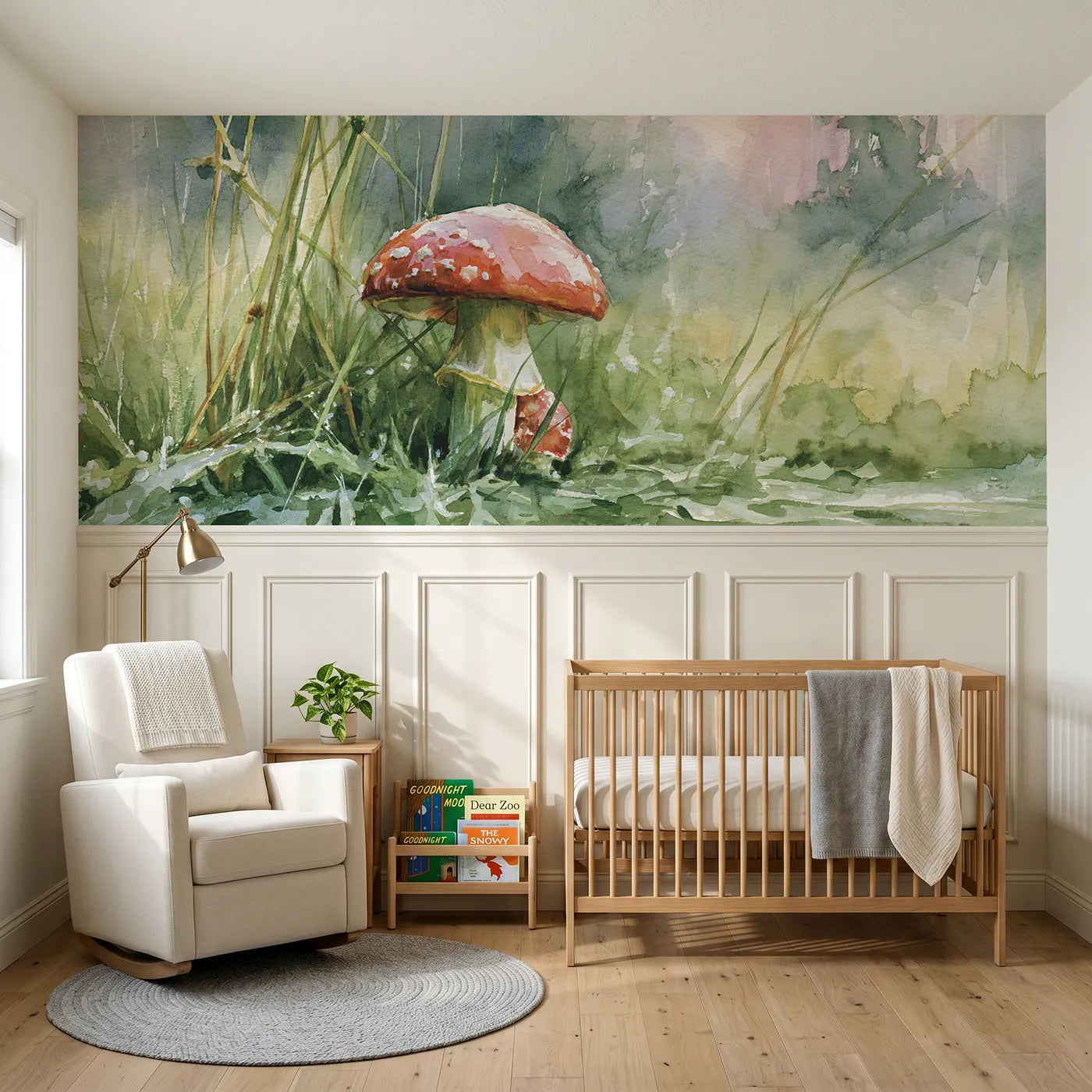 Watercolor wainscoting wallpaper of the red cap new risen by Whimsy Tots