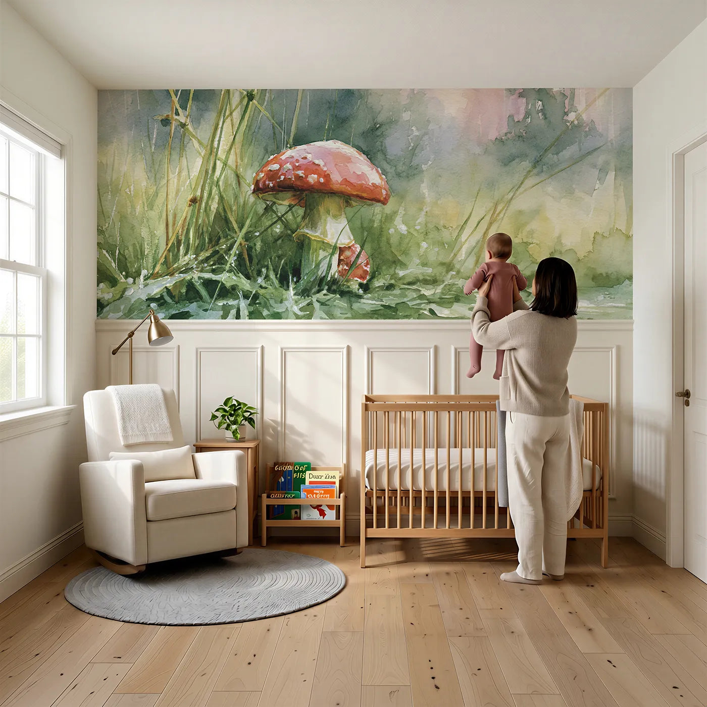 Child reading near The Red Cap New Risen Wainscoting Wallpaper by Whimsy Tots