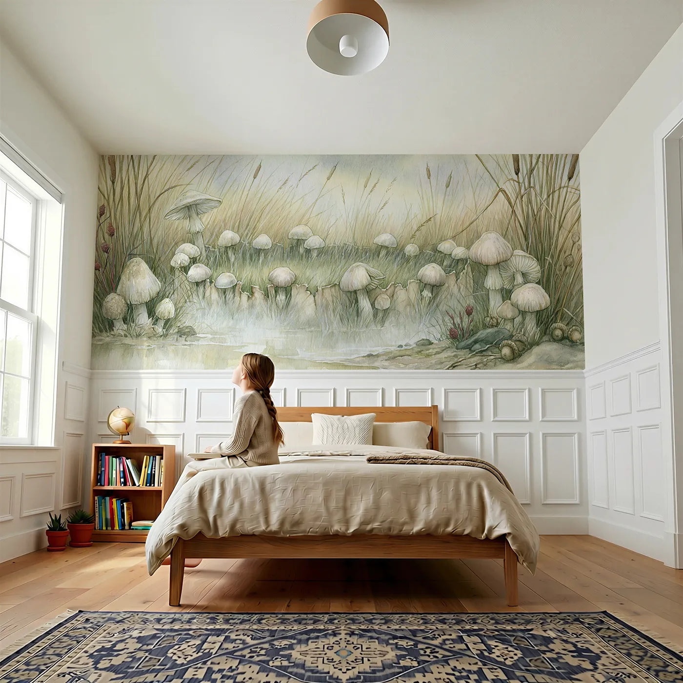 Child reading near Grown Not Planted Wainscoting Wallpaper by Whimsy Tots