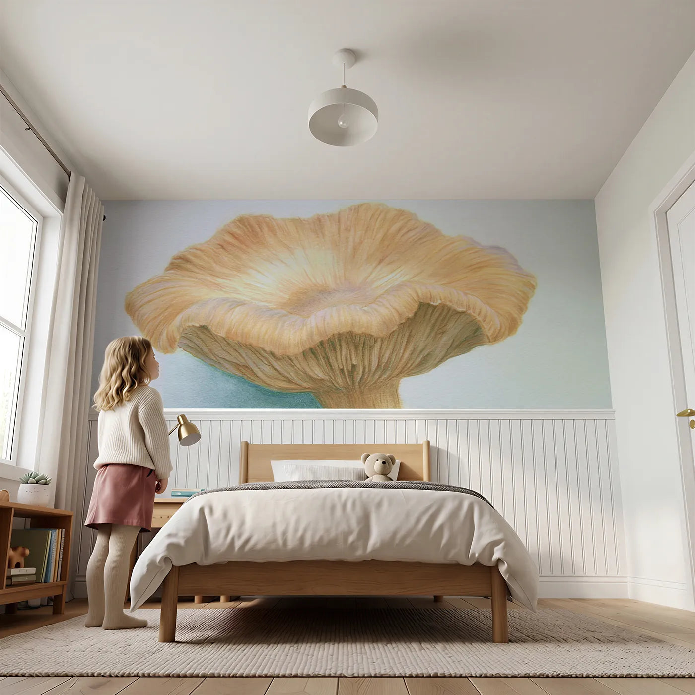 Child reading near The Pleated Ceiling Wainscoting Wallpaper by Whimsy Tots