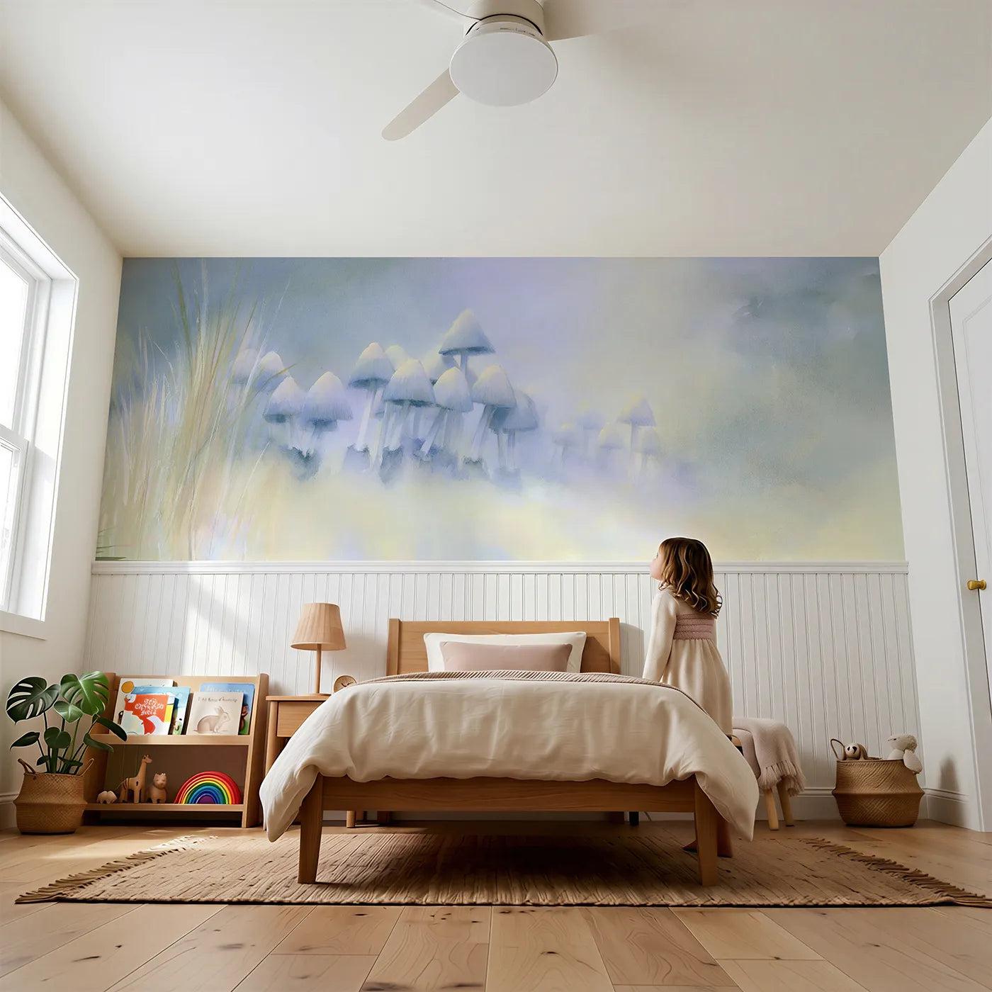 Child reading near The Tall Ink Caps Wainscoting Wallpaper by Whimsy Tots