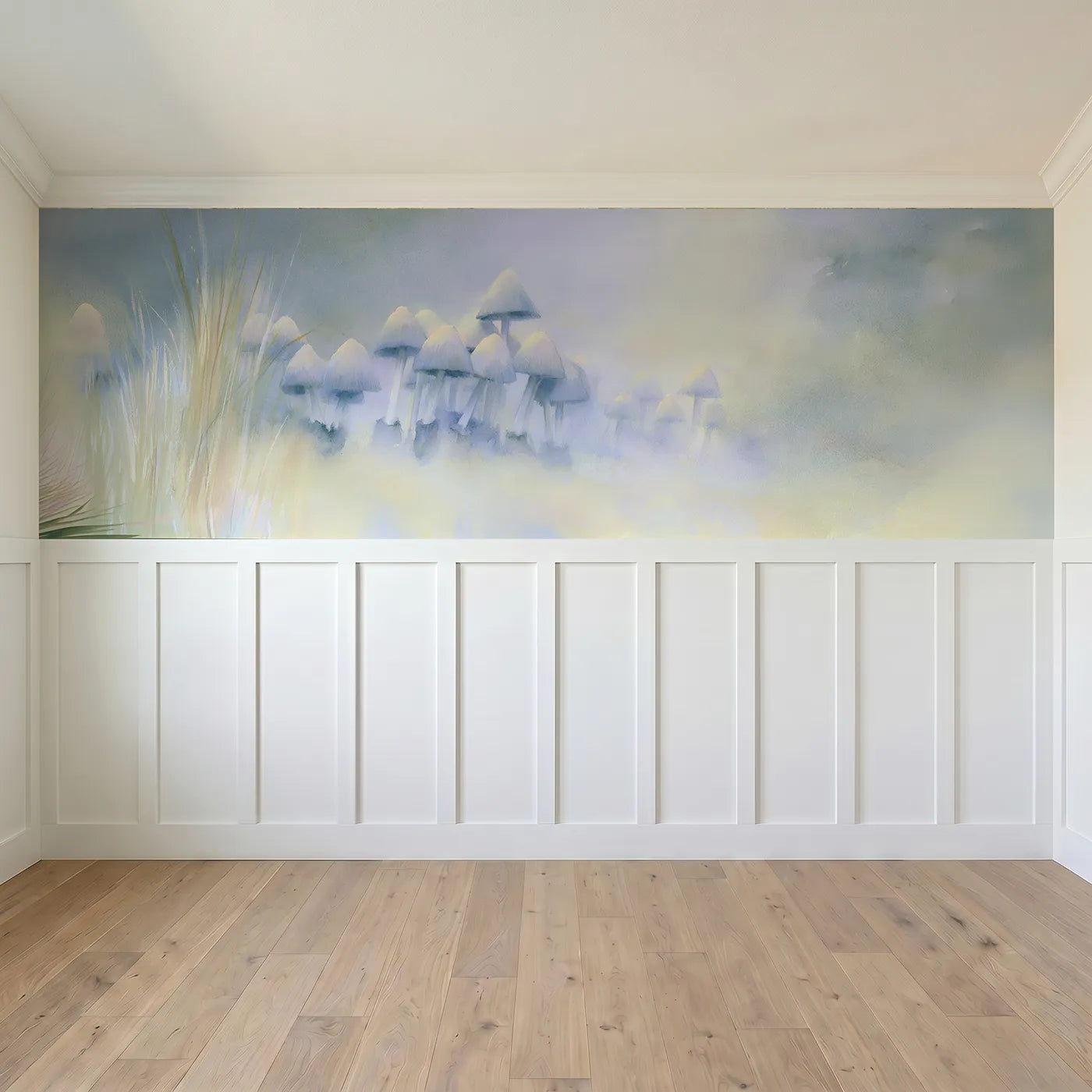 Full panel view of The Tall Ink Caps Wainscoting Wallpaper by Whimsy Tots