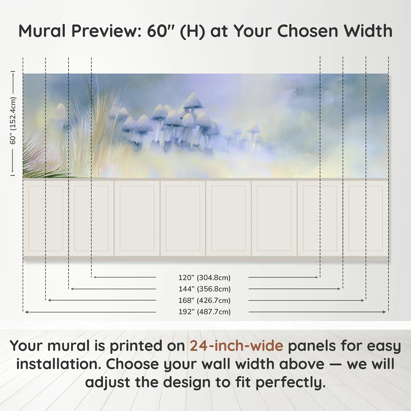 Panel dimensions for The Tall Ink Caps Wainscoting Wallpaper by Whimsy Tots