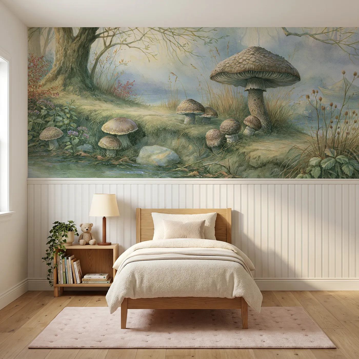 Storybook wainscoting wallpaper of the parasol standing tallest by Whimsy Tots