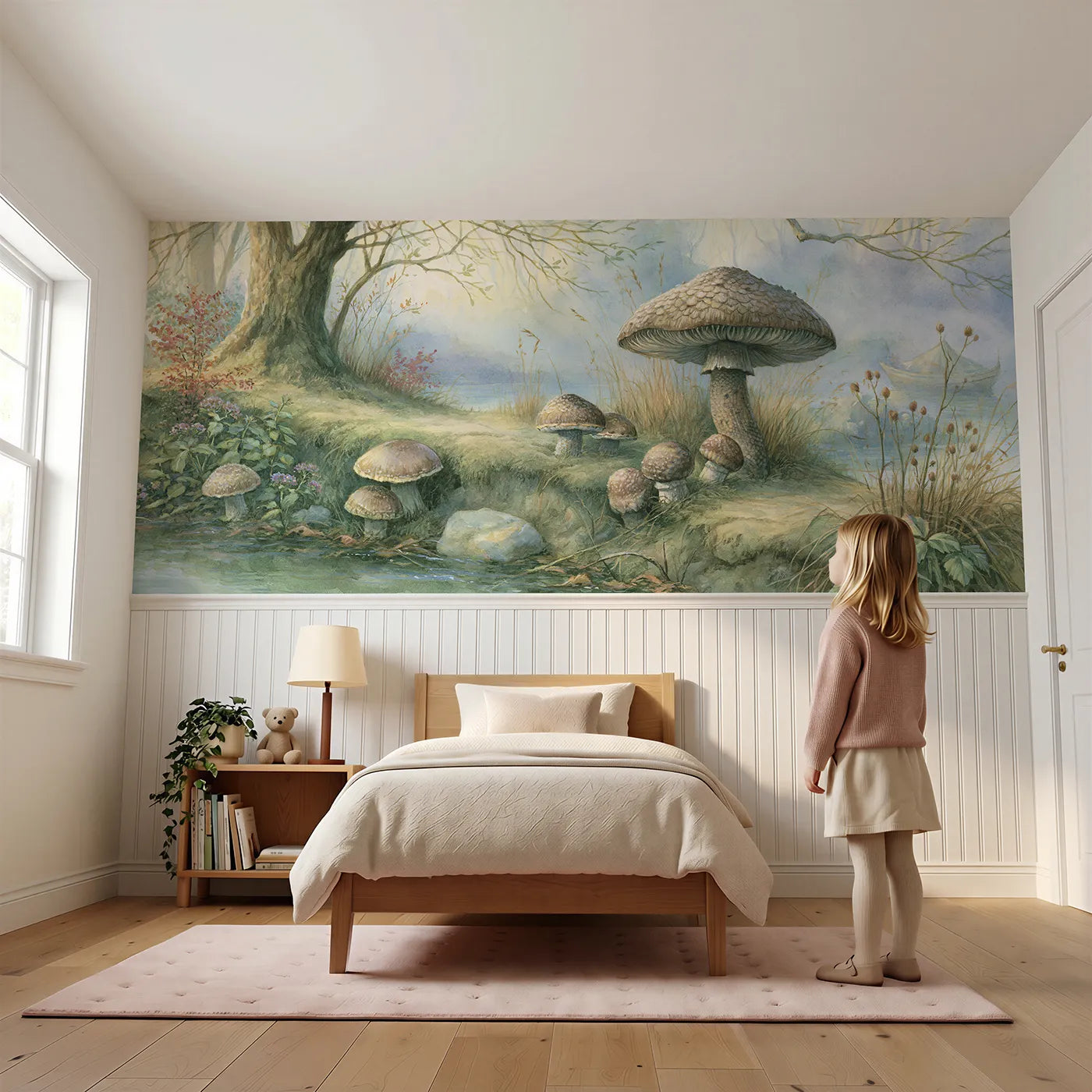 Child reading near The Parasol Standing Tallest Wainscoting Wallpaper by Whimsy Tots