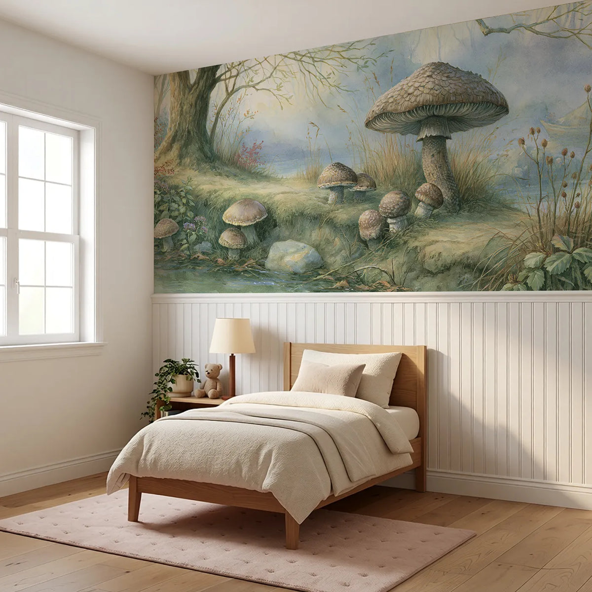 The Parasol Standing Tallest Wainscoting Wallpaper styled in a kids room by Whimsy Tots
