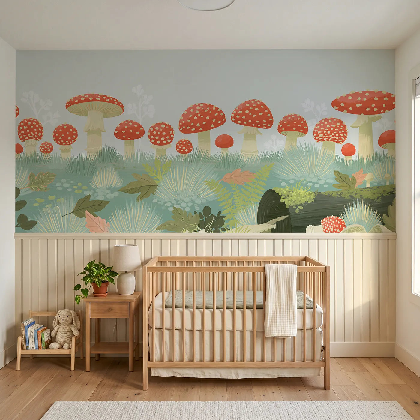 Modern illustration wainscoting wallpaper of folk toadstools in a row by Whimsy Tots