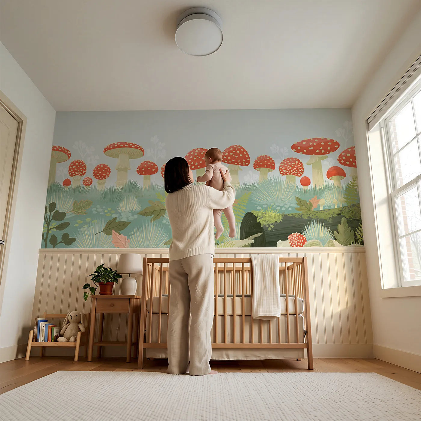 Child reading near Folk Toadstools In A Row Wainscoting Wallpaper by Whimsy Tots