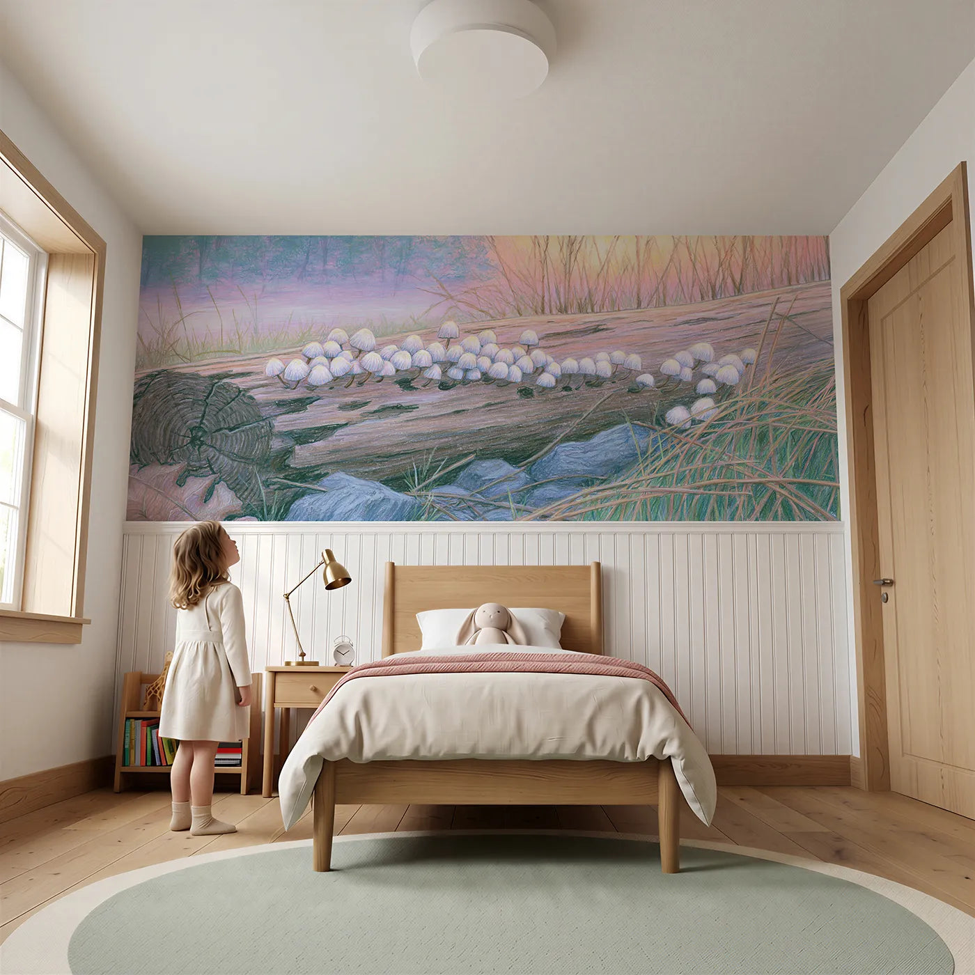 Child reading near Pins On The Log End Wainscoting Wallpaper by Whimsy Tots